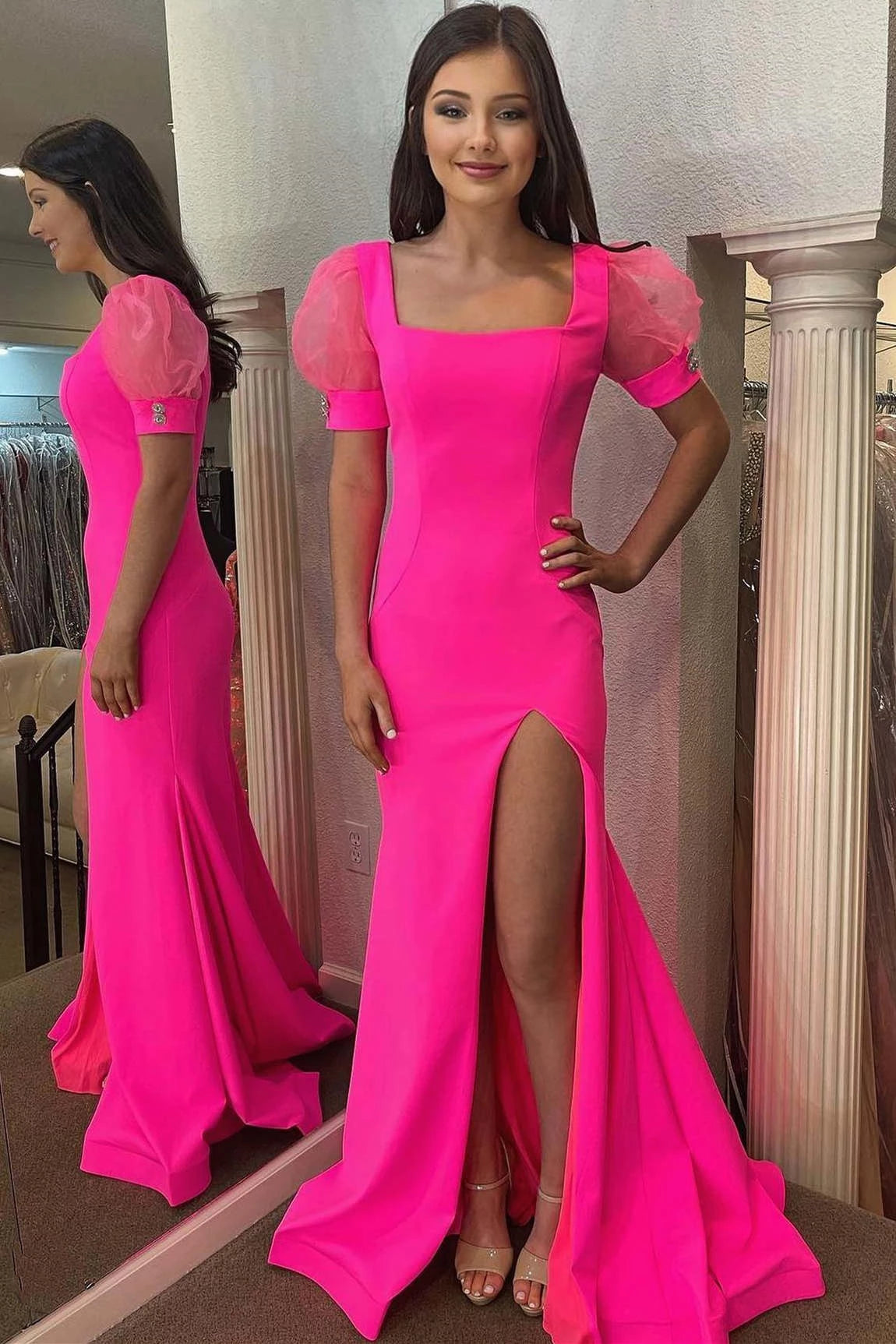 Vibrant Mermaid Square-Neck Tulle-Puff-Short-Sleeve High-Slit Crepe Floor-Length Prom Dress