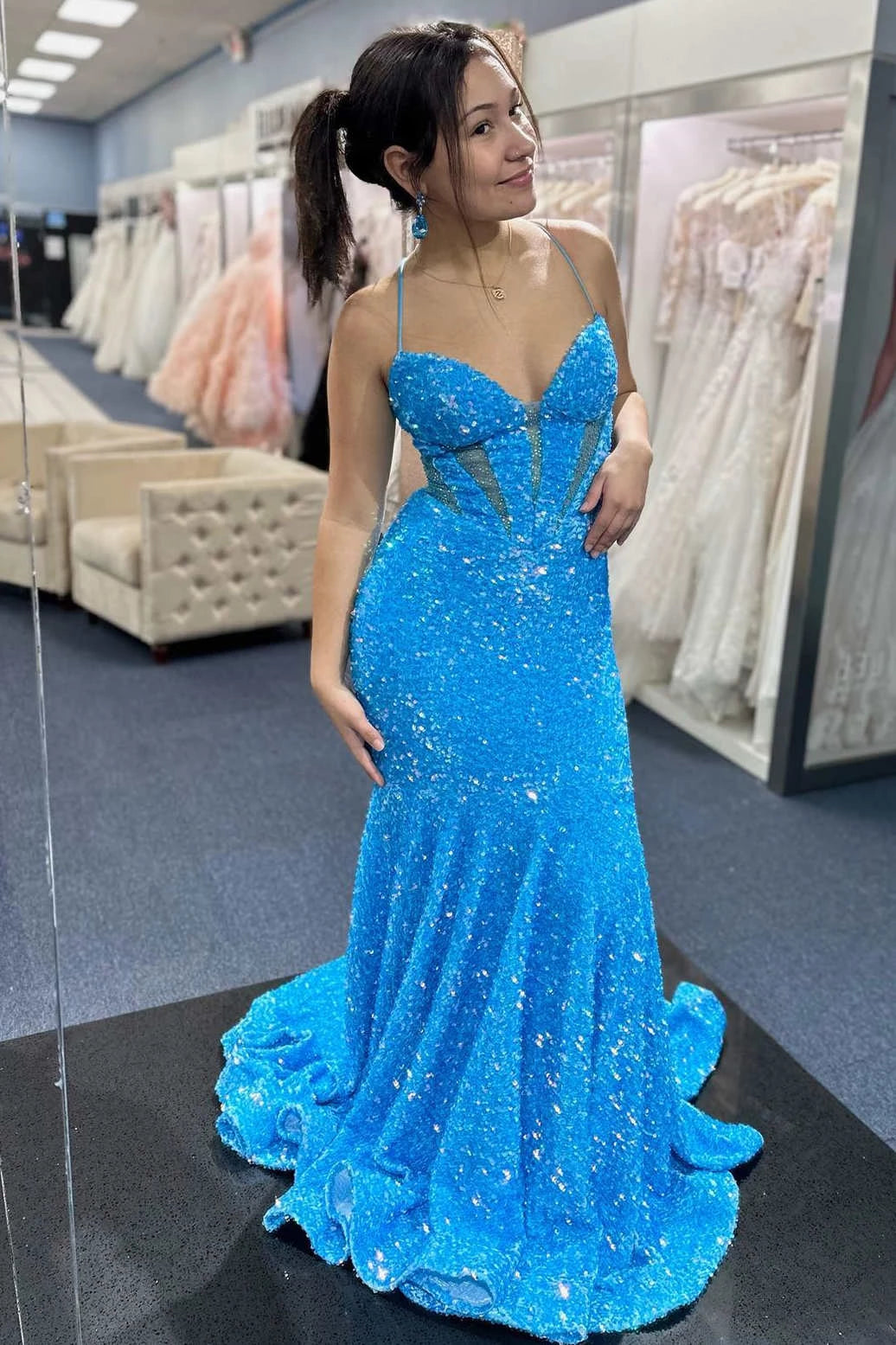 Vibrant Mermaid Sweetheart Spaghetti-Strap Mesh-Cut Lace-Up Sequin Floor-Length Prom Dress