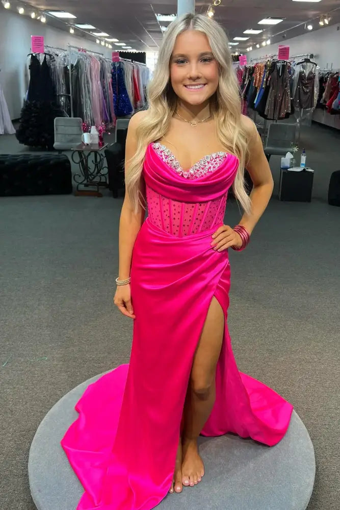 Vibrant Mermaid Sweetheart Strapless Open Back Slit Floor Length Prom Dress