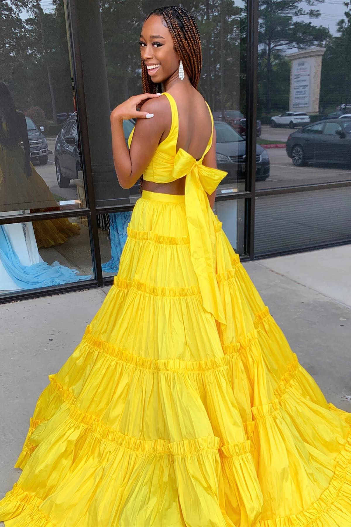 Vibrant Two-Piece V-Neck Sleeveless Tiered Bow-Back Floor-Length Prom Dress