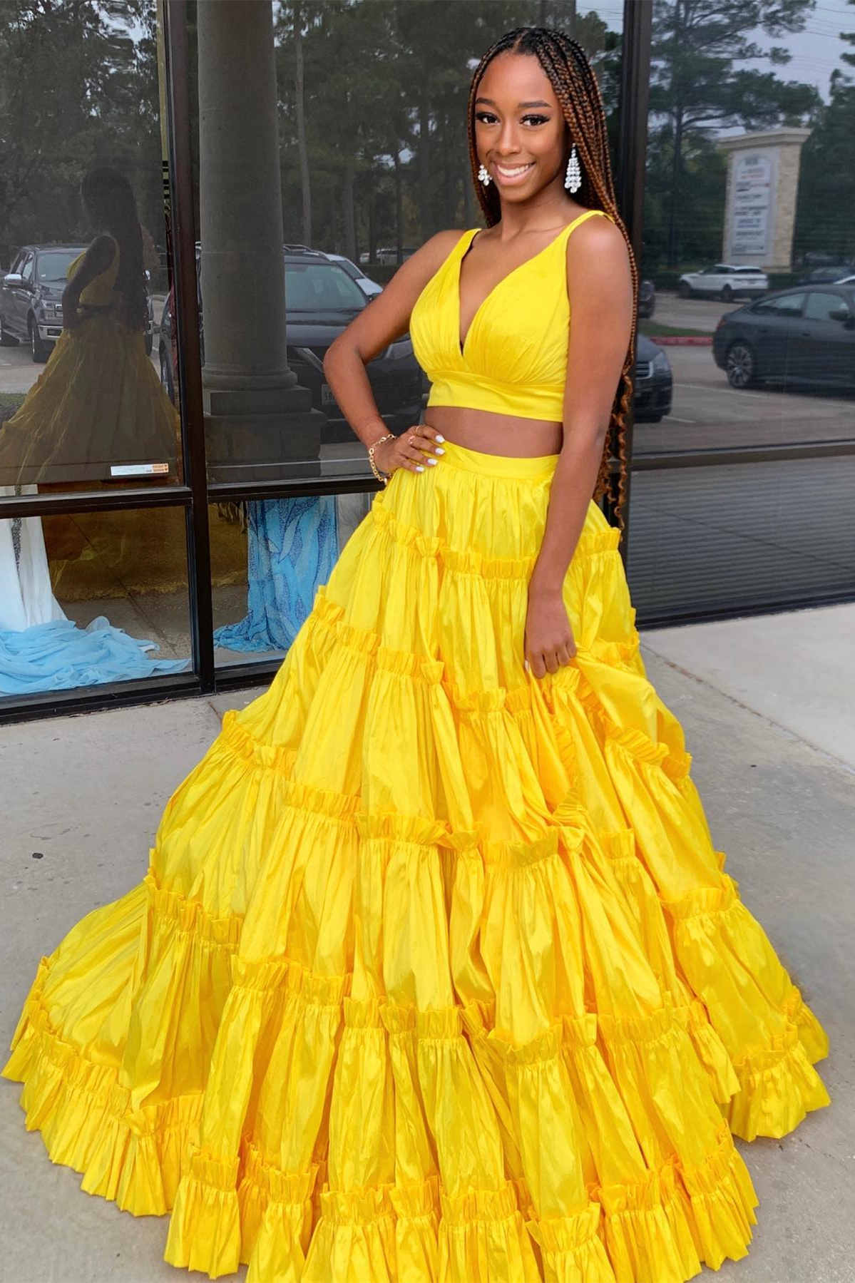 Vibrant Two-Piece V-Neck Sleeveless Tiered Bow-Back Floor-Length Prom Dress