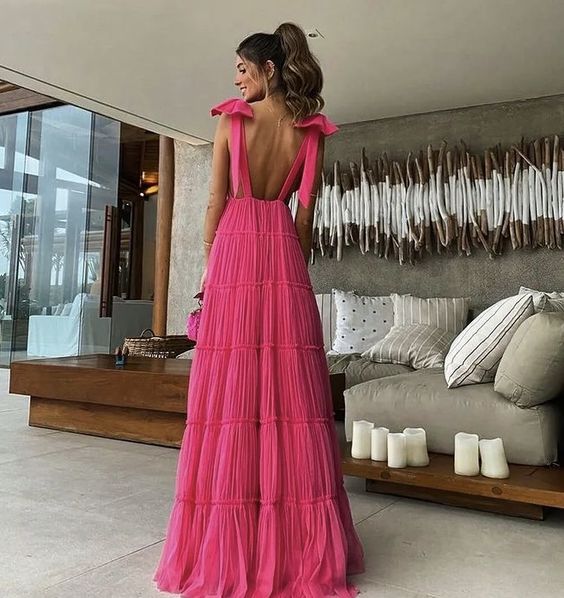 Vibrant Hot Pink Pleated Chiffon Tiered Ruffle Strap Open Back Floor-length Evening Dresses