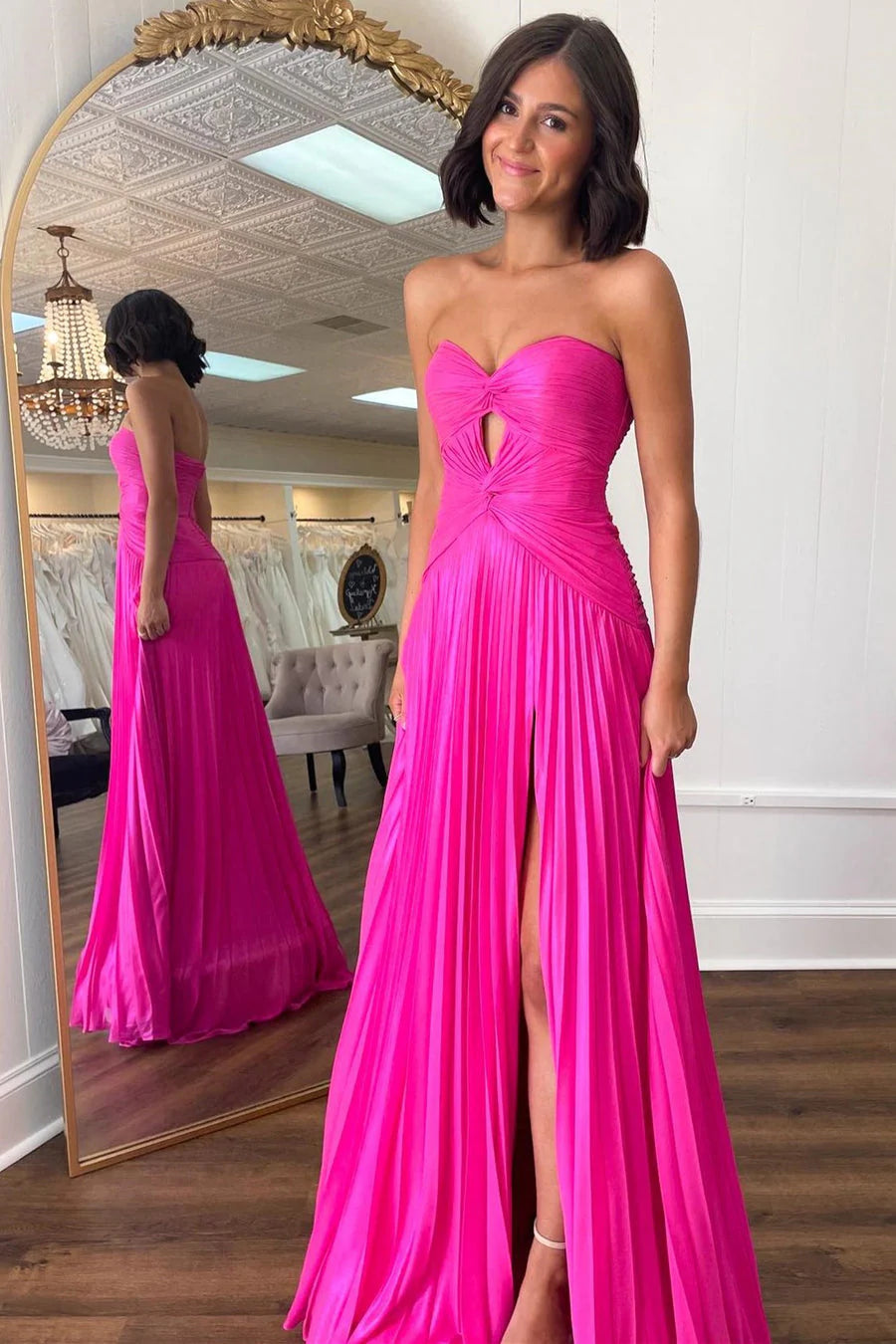 Vibrant Hot Pink Strapless Twist-Front Pleated A-Line Prom Dress