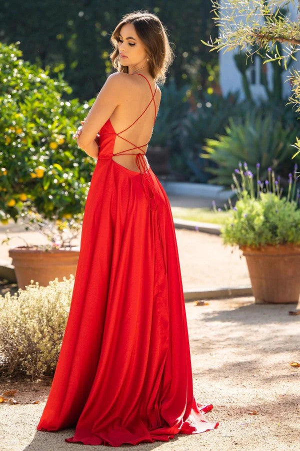 Vibrant Red Satin Spaghetti-Strap Crisscross-Back A-Line High-Slit Maxi Evening Dress