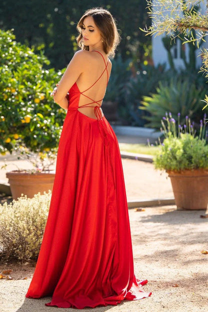 Vibrant Red Satin Spaghetti-Strap Crisscross-Back A-Line High-Slit Maxi Evening Dress