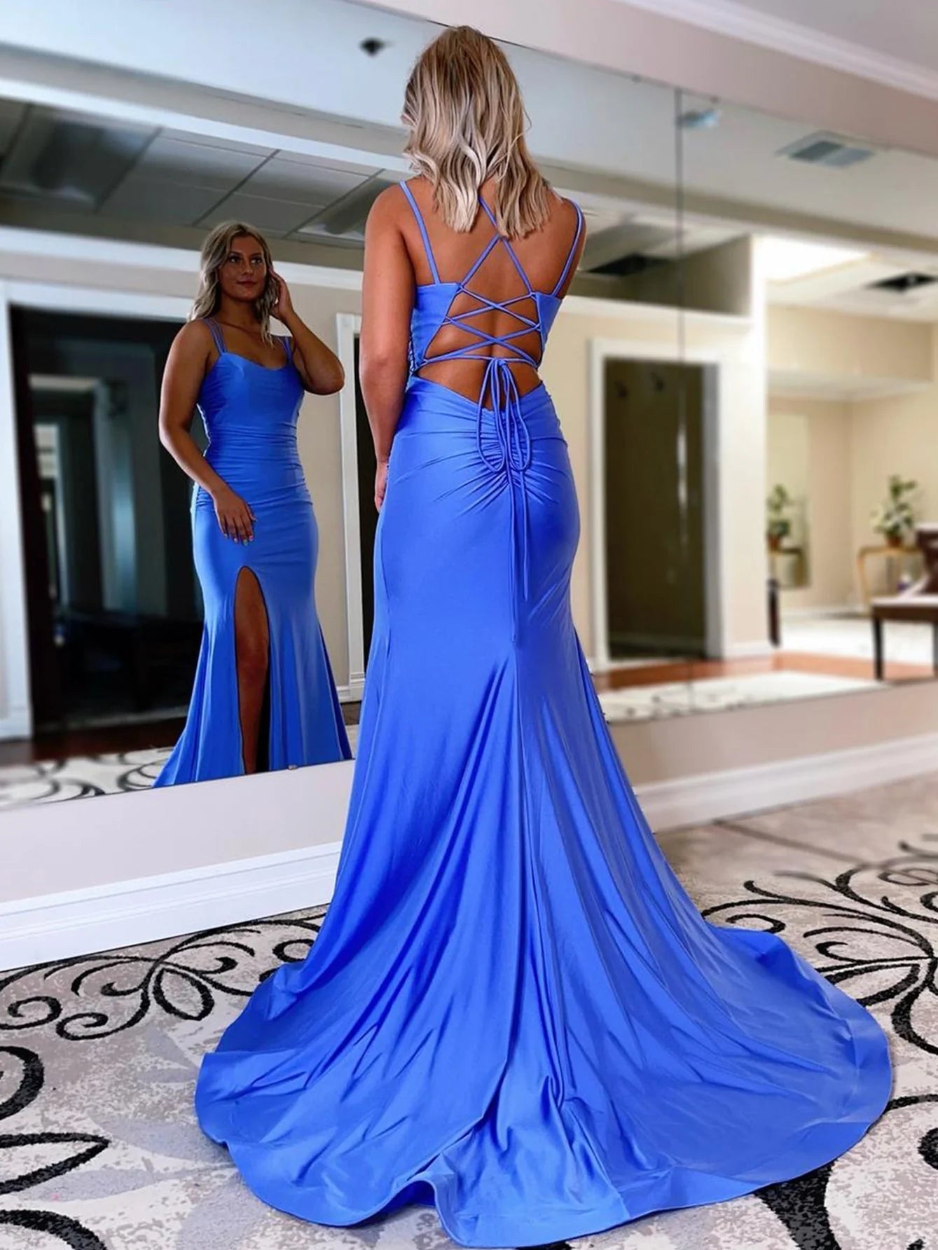 Vibrant Royal Blue Satin Mermaid Spaghetti-Strap Crisscross-Back High-Slit Train Evening Dress