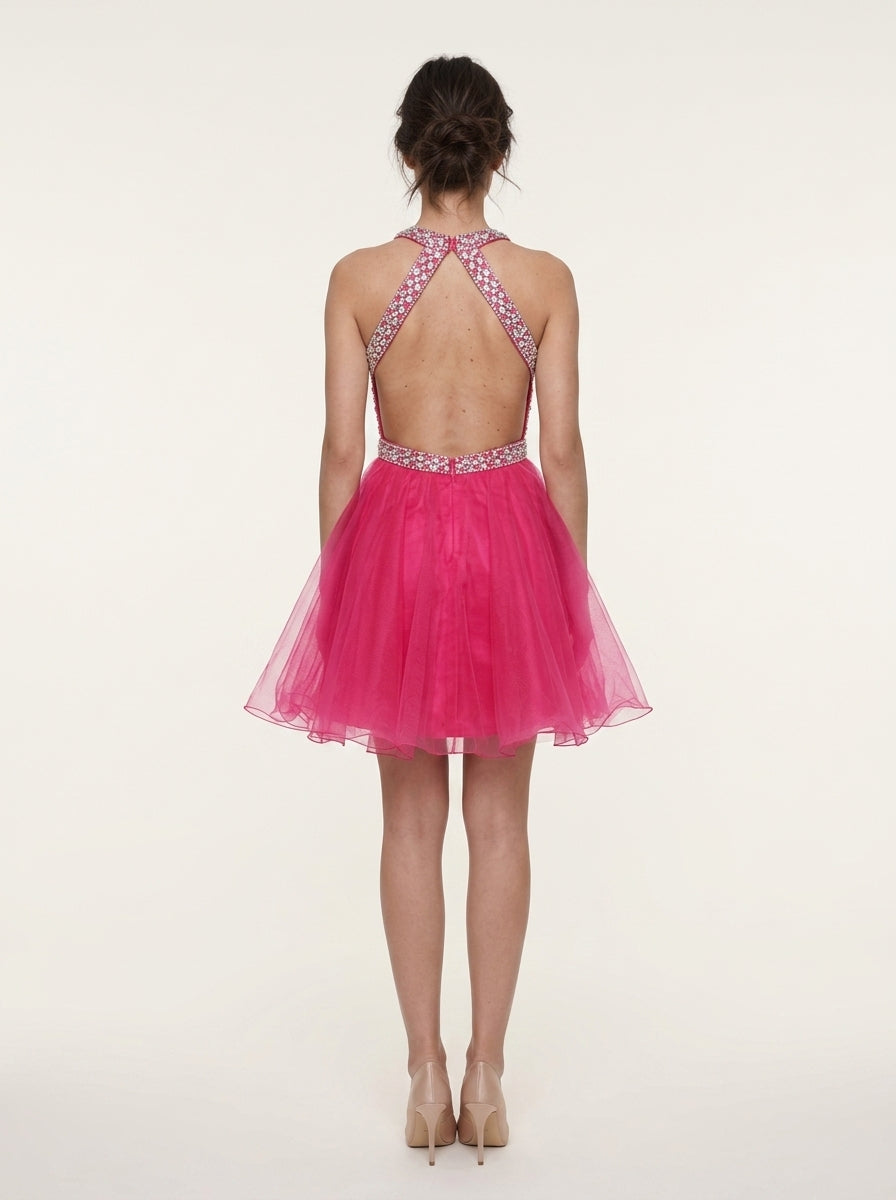 Vibrant A-Line Halter Sweetheart Sleeveless Beaded Open Back Short Homecoming Dresses for Teens