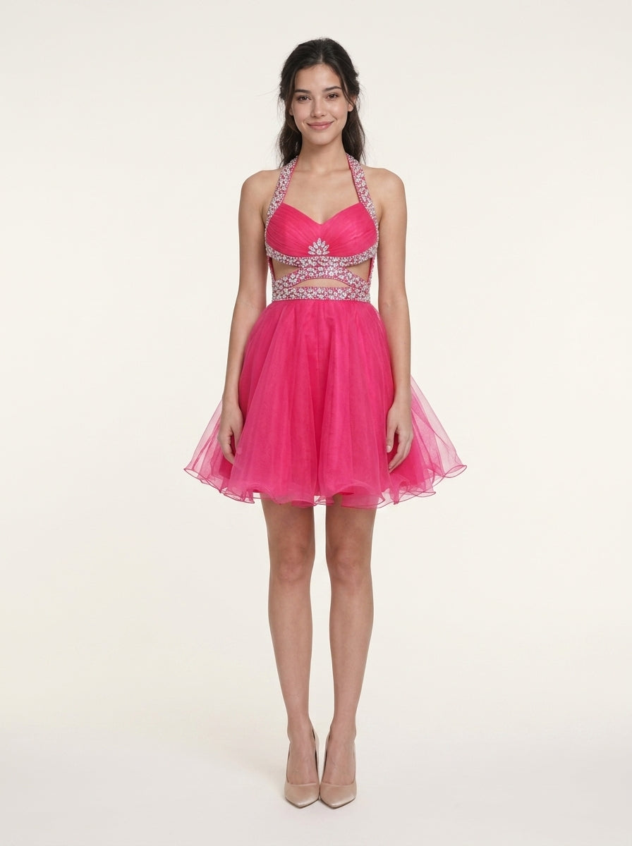 Vibrant A-Line Halter Sweetheart Sleeveless Beaded Open Back Short Homecoming Dresses for Teens