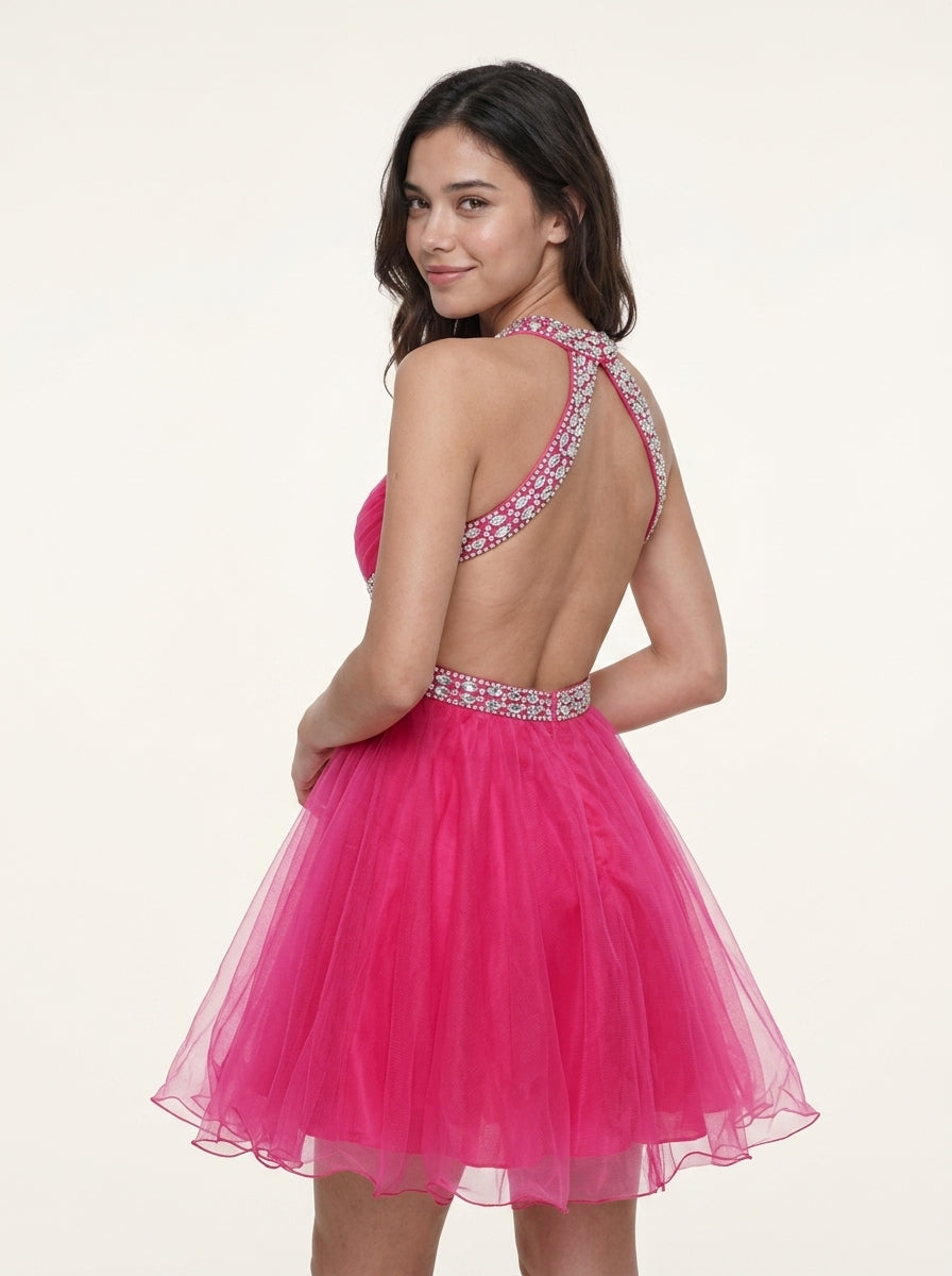Vibrant A-Line Halter Sweetheart Sleeveless Beaded Open Back Short Homecoming Dresses for Teens