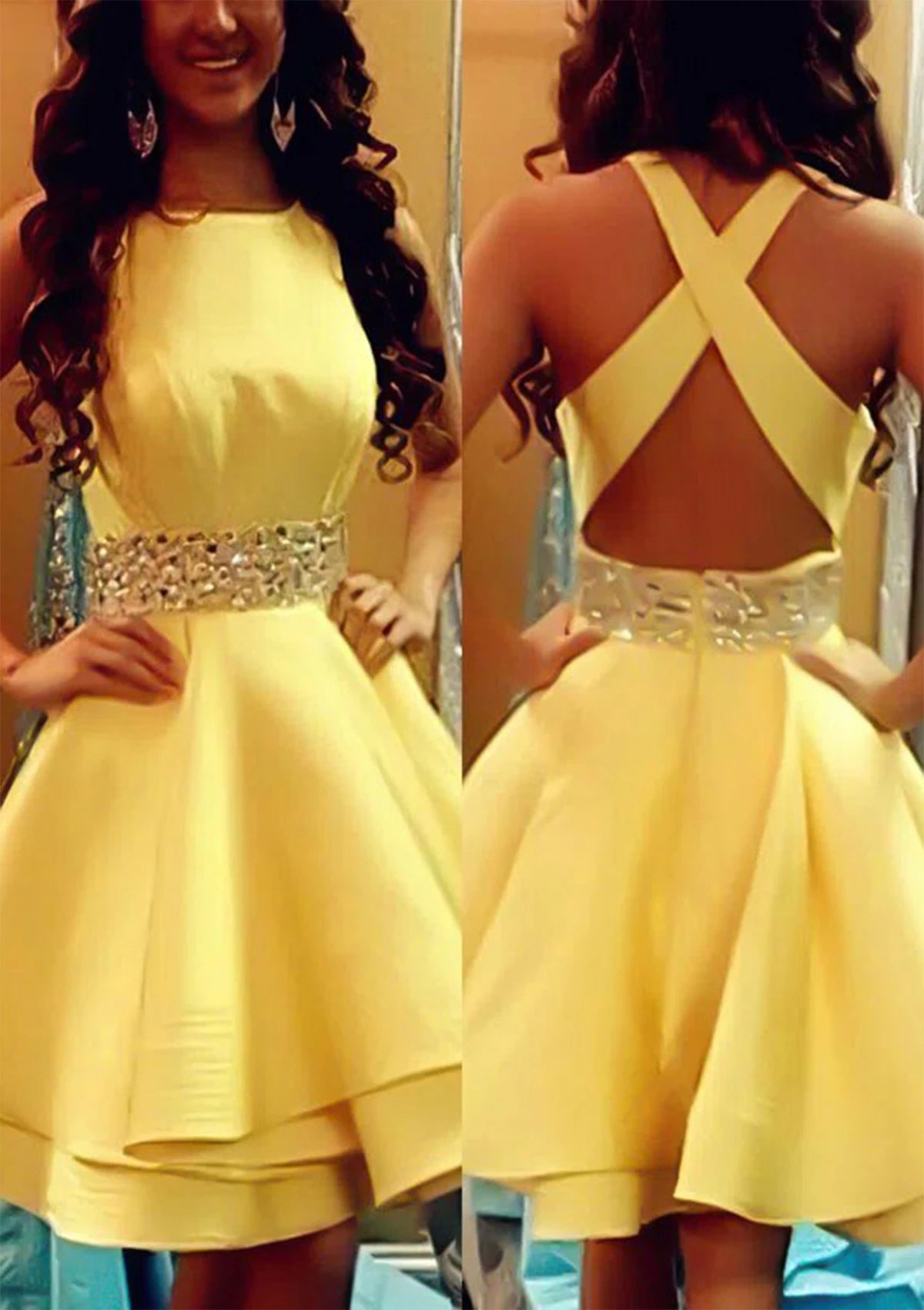 Vibrant A-Line Jewel Neck Sleeveless Criss-Cross Open Back Short Homecoming Dresses with Embellished Waist