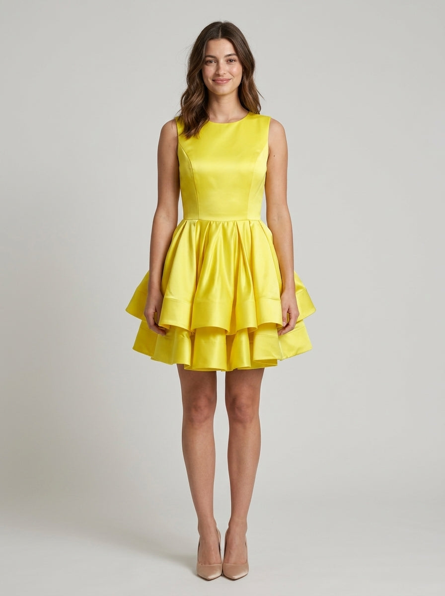 Vibrant A-Line Jewel Neck Sleeveless High Back Mini Tiered Skirt Homecoming Dresses