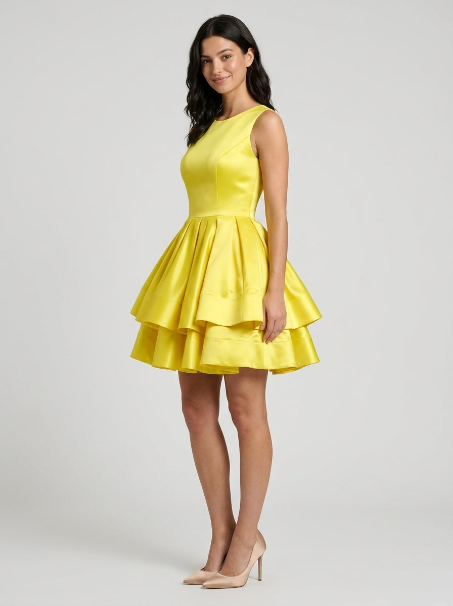 Vibrant A-Line Jewel Neck Sleeveless High Back Mini Tiered Skirt Homecoming Dresses