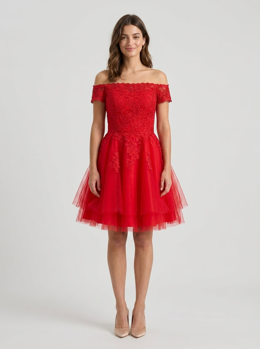 Vibrant A-Line Off-Shoulder Cap Sleeve Zipper Back Short Red Lace Tulle Homecoming Dresses