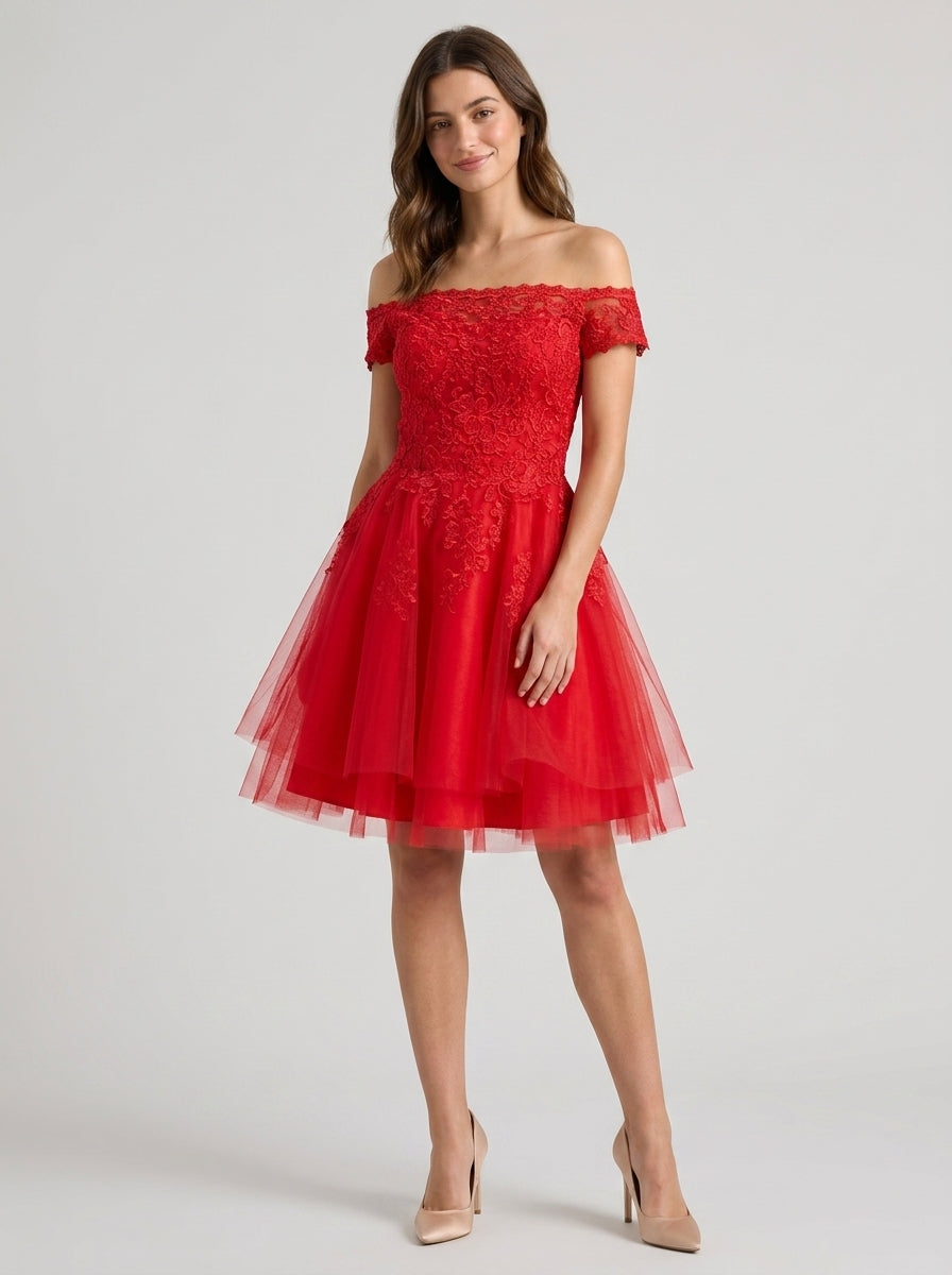 Vibrant A-Line Off-Shoulder Cap Sleeve Zipper Back Short Red Lace Tulle Homecoming Dresses