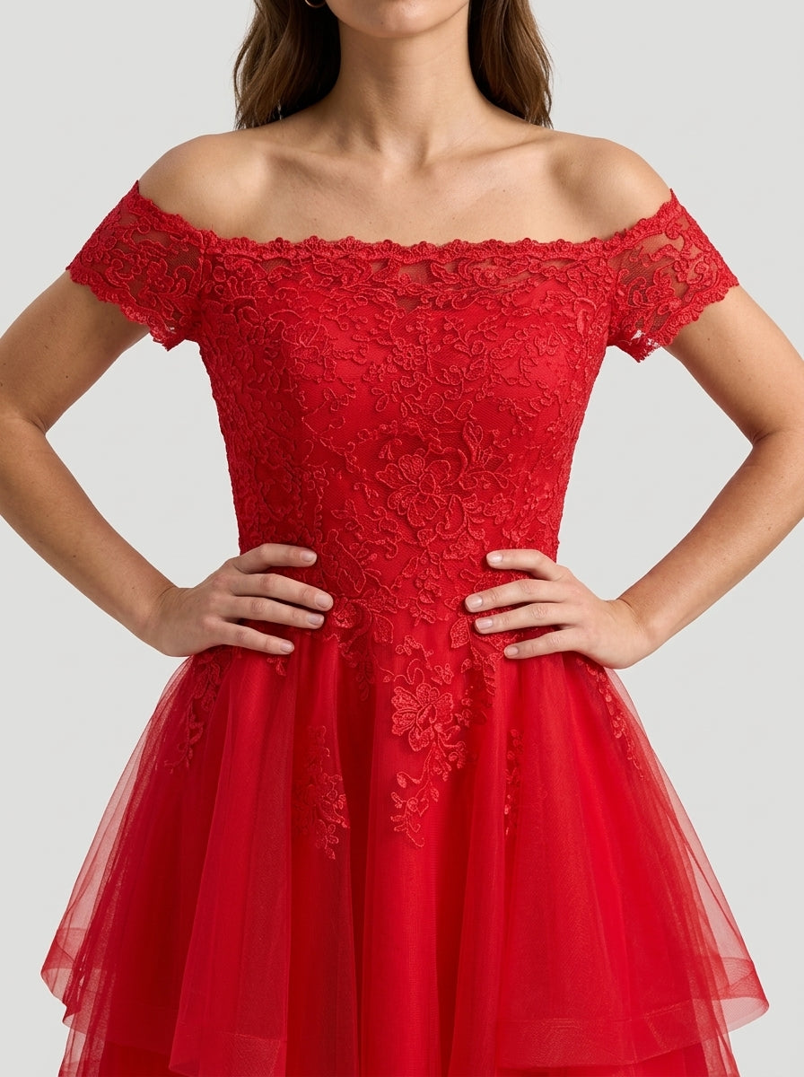 Vibrant A-Line Off-Shoulder Cap Sleeve Zipper Back Short Red Lace Tulle Homecoming Dresses