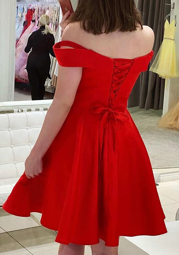 Vibrant A-Line Off-the-Shoulder Sweetheart Lace-Up Back Short Mini Homecoming Dresses
