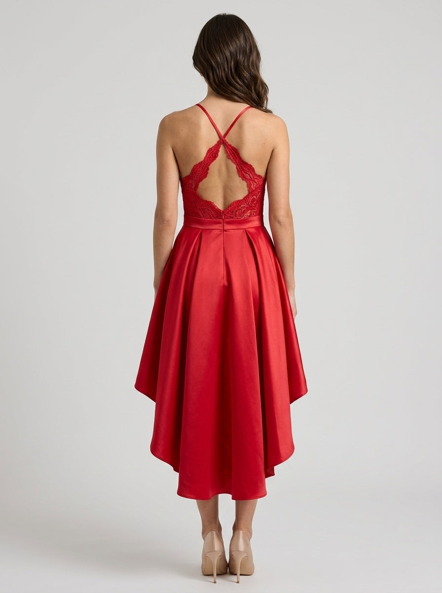 Vibrant A-Line Plunging V-Neck Spaghetti Strap Criss-Cross Red High-Low Homecoming Dress