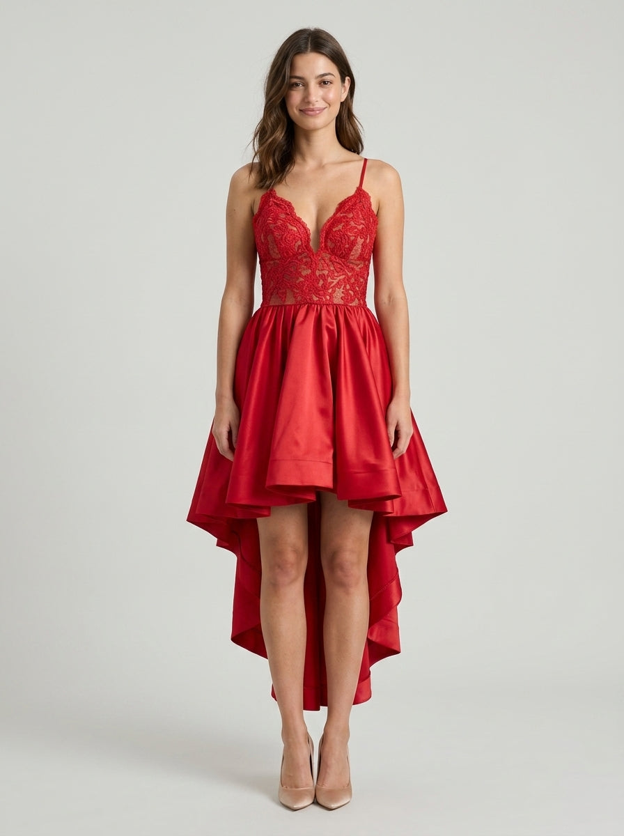 Vibrant A-Line Plunging V-Neck Spaghetti Strap Criss-Cross Red High-Low Homecoming Dress