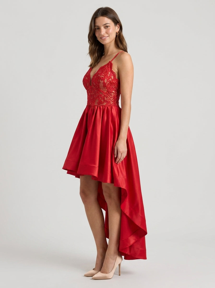 Vibrant A-Line Plunging V-Neck Spaghetti Strap Criss-Cross Red High-Low Homecoming Dress
