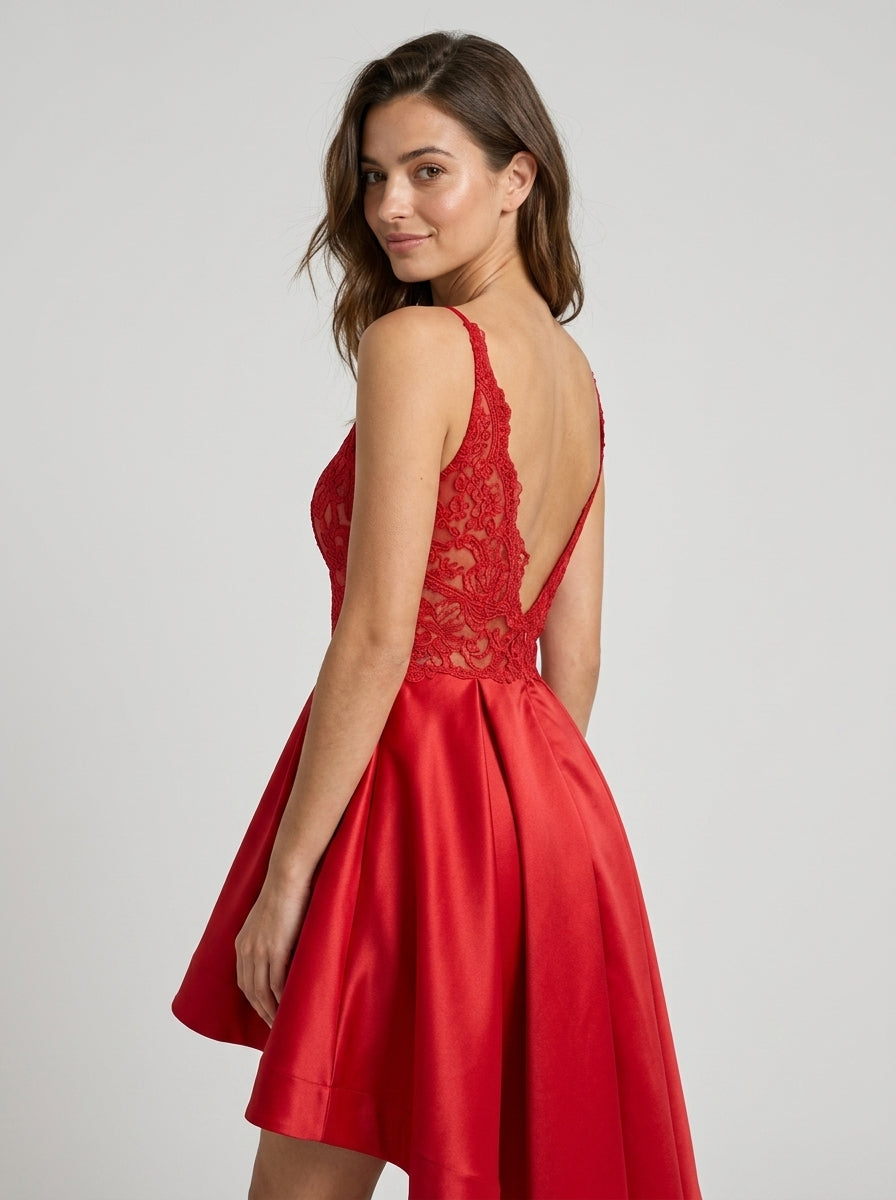 Vibrant A-Line Plunging V-Neck Spaghetti Strap Criss-Cross Red High-Low Homecoming Dress