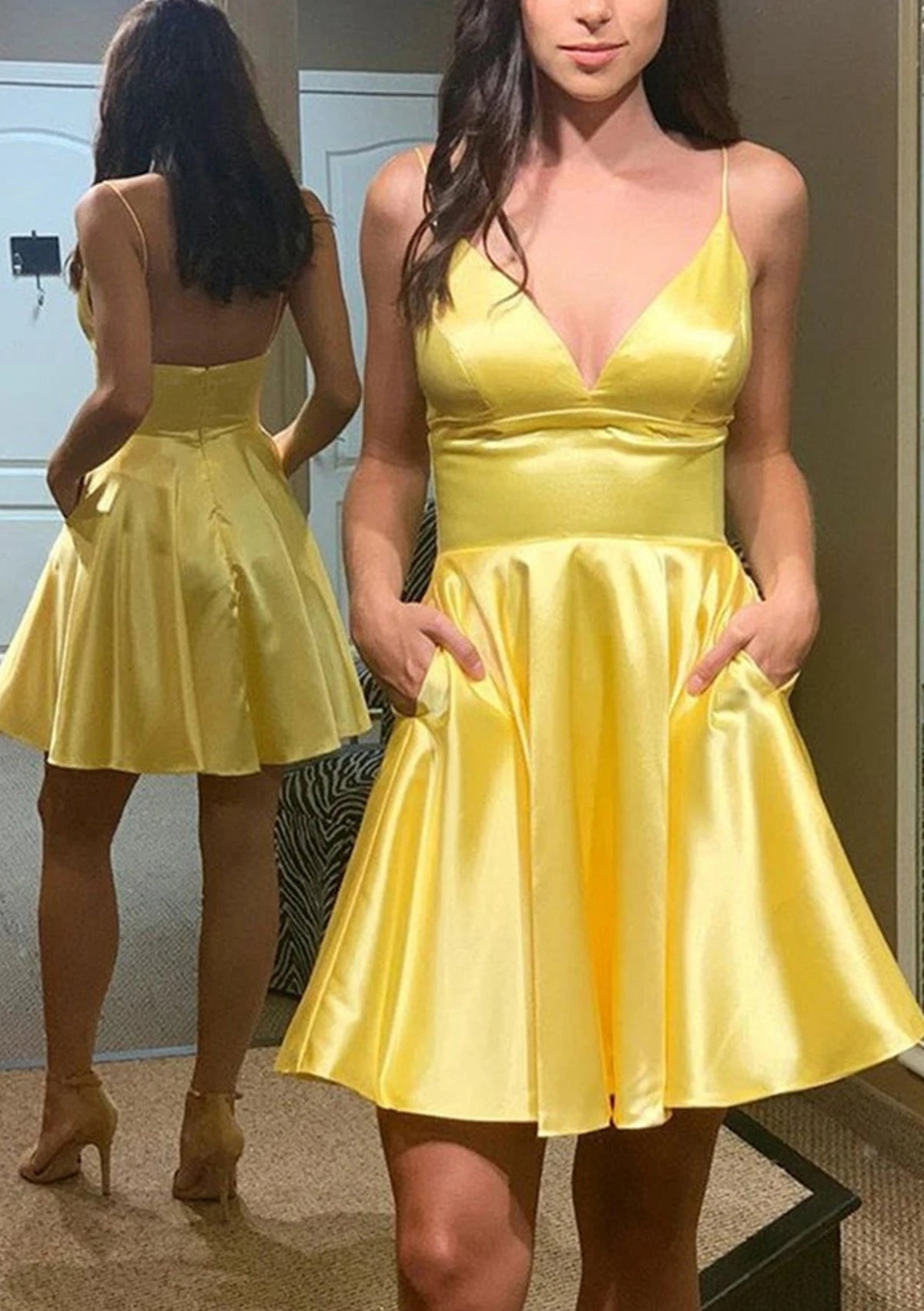 Vibrant A-Line Plunging V-Neck Spaghetti Strap Zipper Back Short Satin Homecoming Dresses