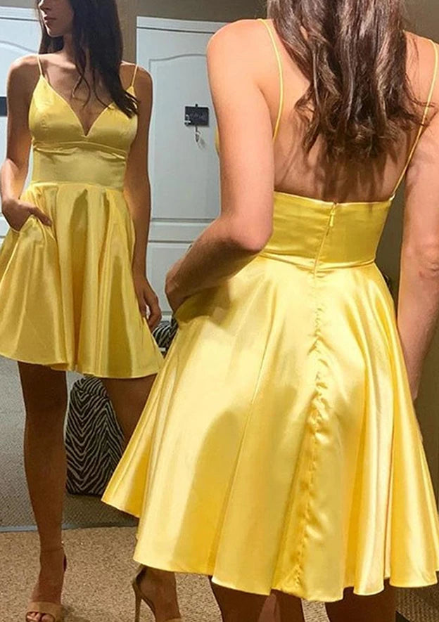 Vibrant A-Line Plunging V-Neck Spaghetti Strap Zipper Back Short Satin Homecoming Dresses