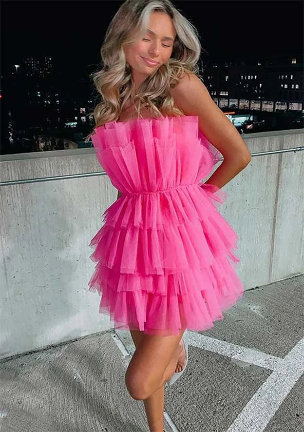 Vibrant A-Line Strapless Sleeveless Tiered Ruffle Mini Homecoming Dresses with Playful Silhouette