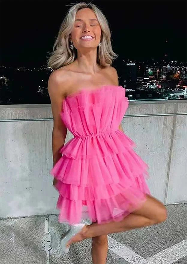 Vibrant A-Line Strapless Sleeveless Tiered Ruffle Mini Homecoming Dresses with Playful Silhouette