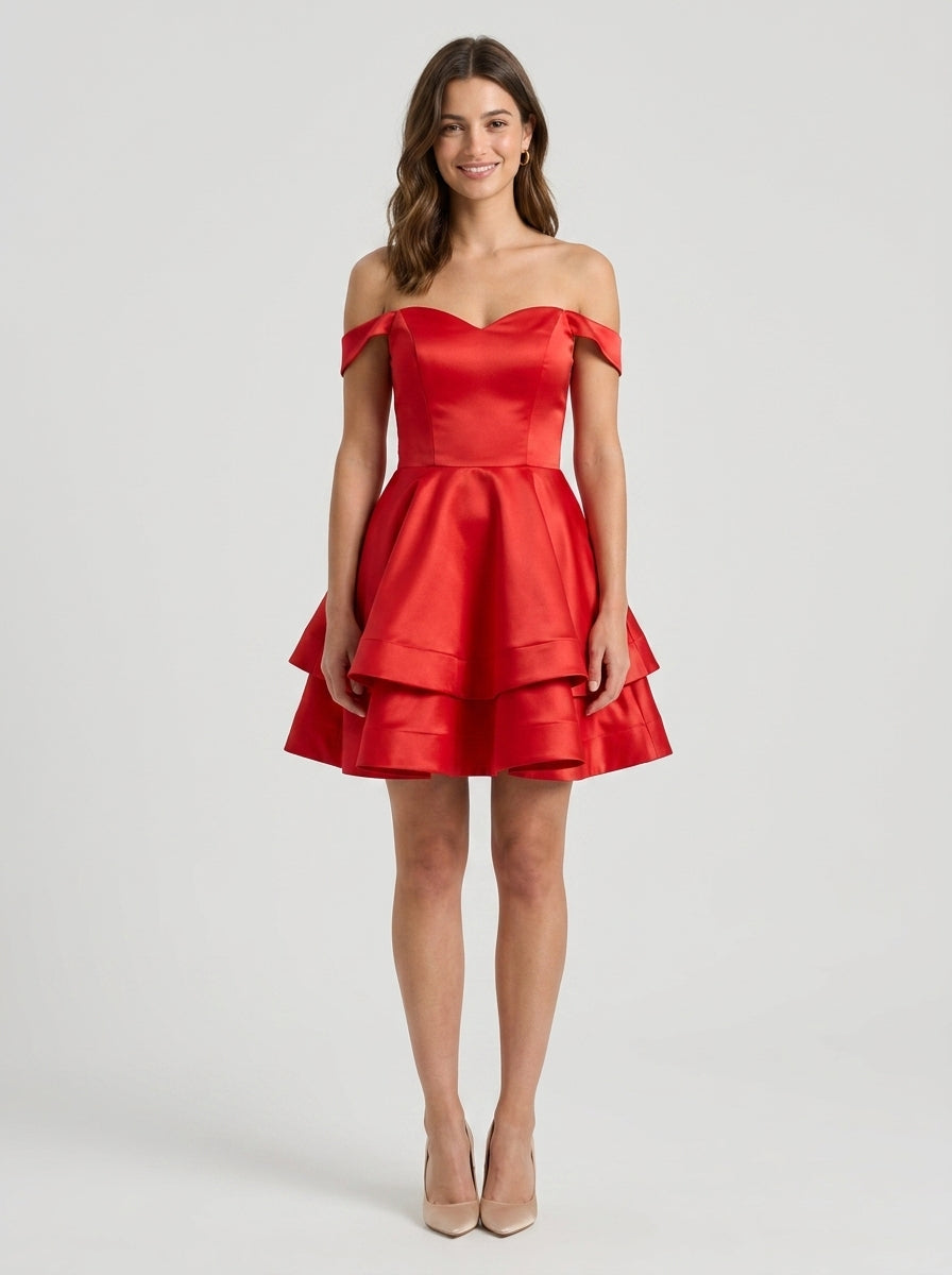 Vibrant A-Line Tiered Off-Shoulder Sweetheart Short Low V-Back Homecoming Dresses