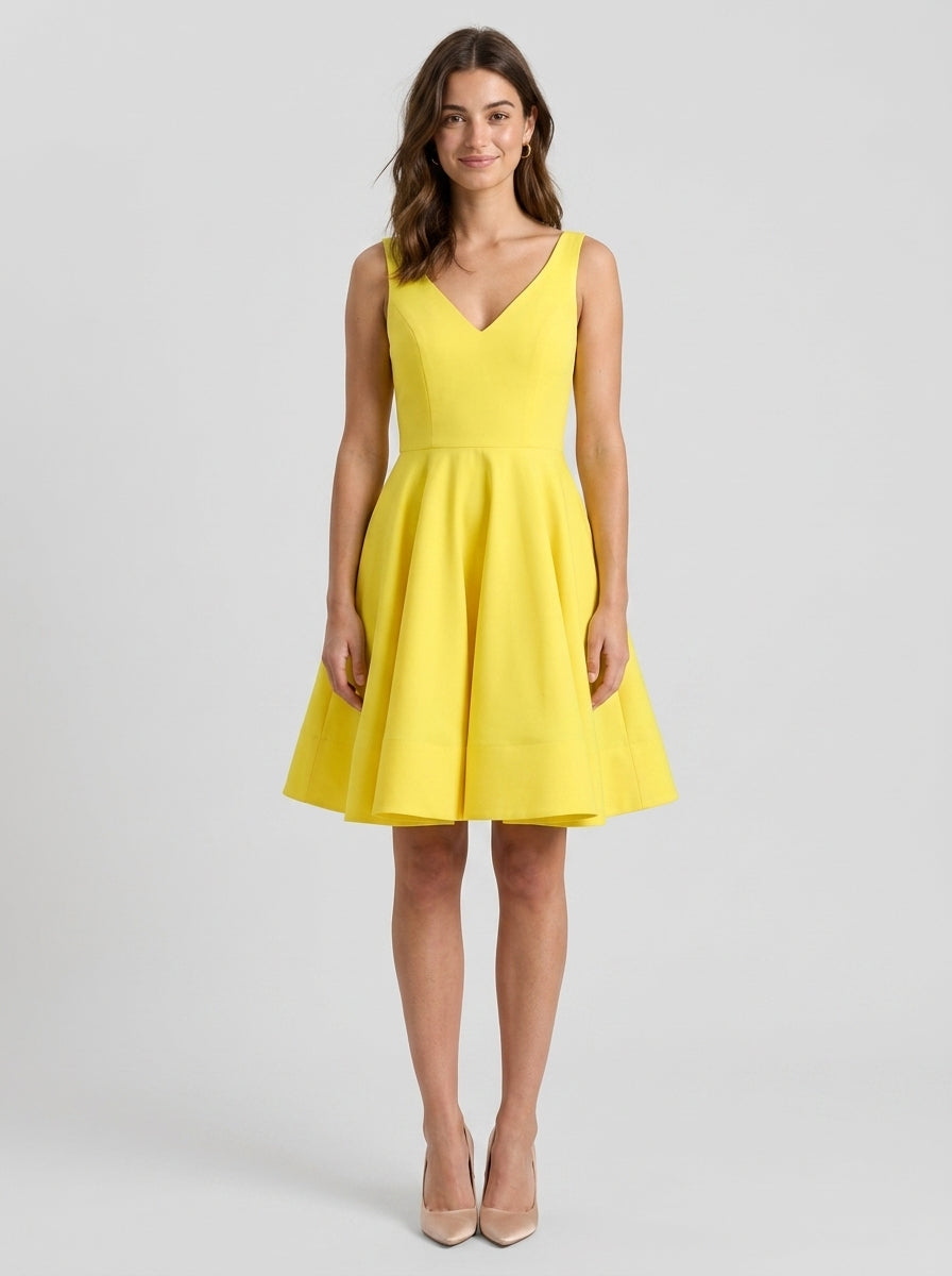 Elegant A-Line V-Neck Bow-Back Yellow Knee-Length Homecoming Party Dress