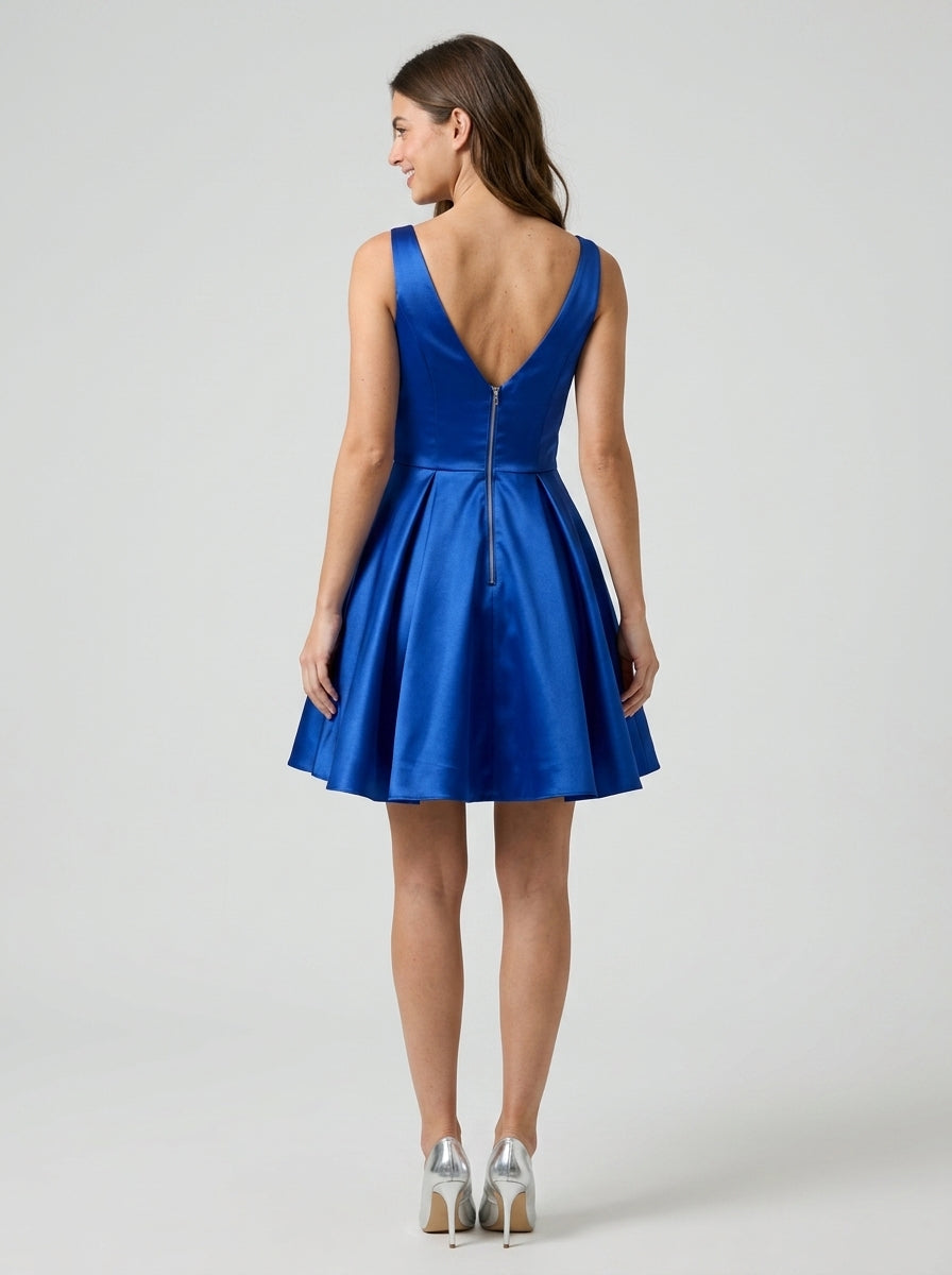 Vibrant A-Line V-Neck Low V-Back Short Royal Blue Satin Homecoming Dress