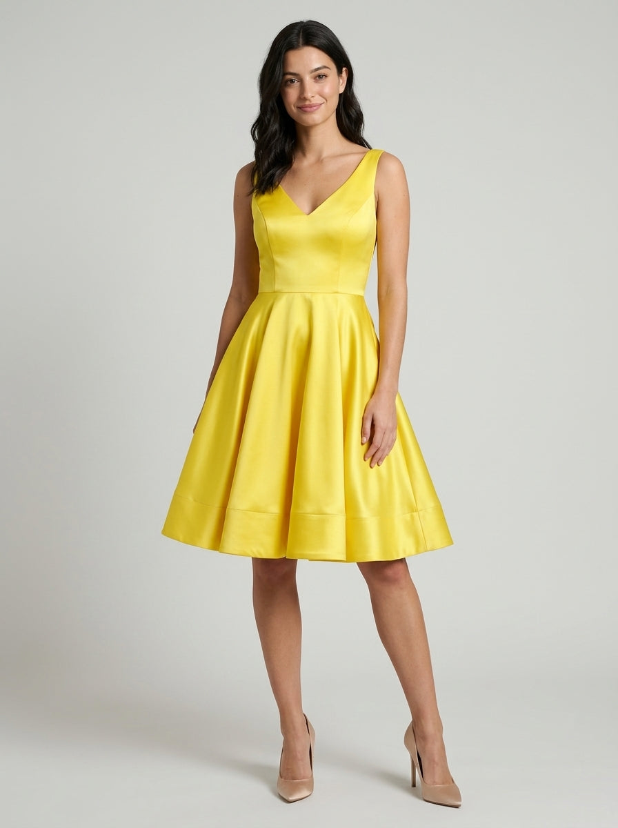 Elegant A-Line V-Neck Satin V-Back Yellow Knee-Length Homecoming Dress