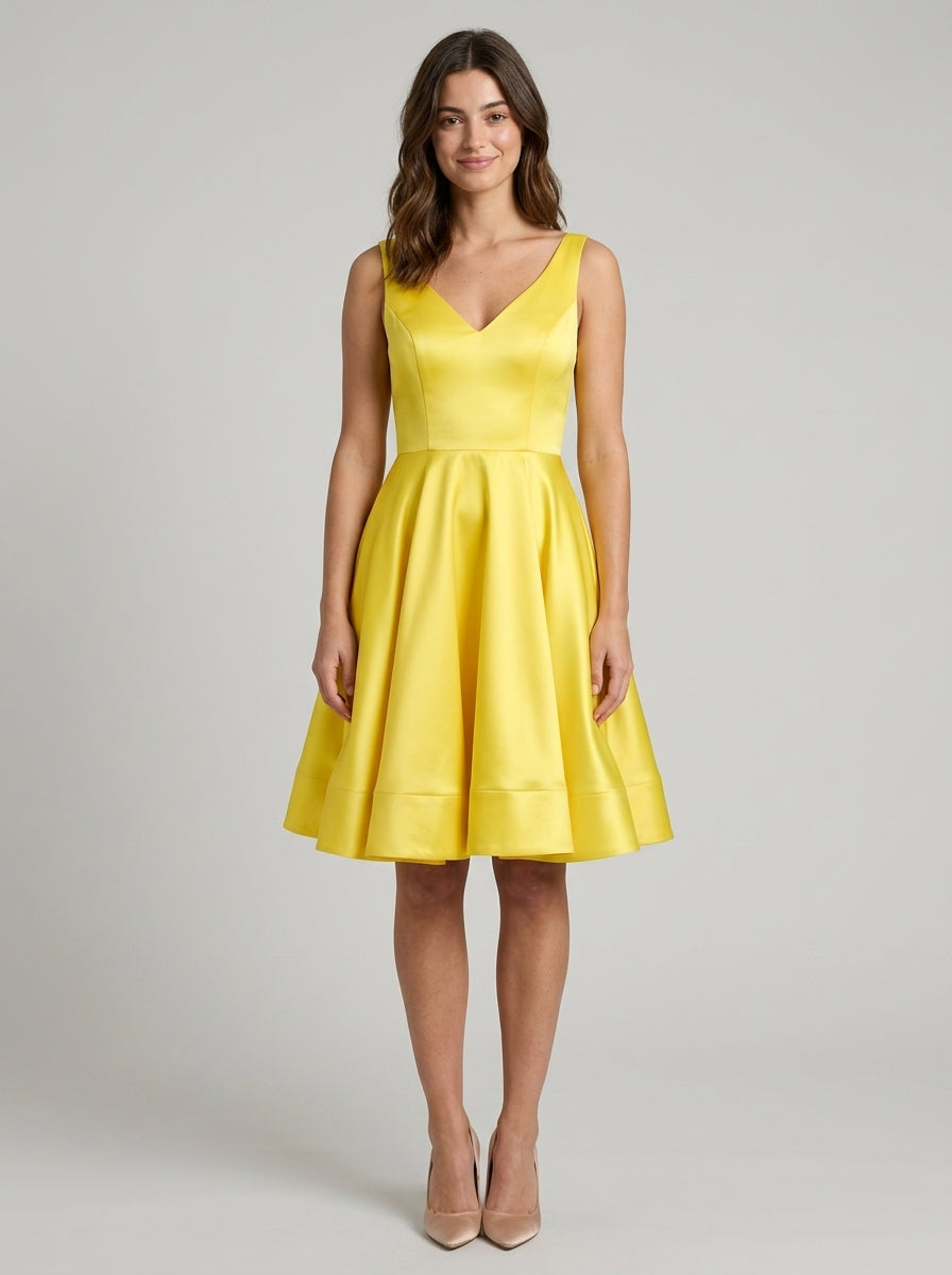 Elegant A-Line V-Neck Satin V-Back Yellow Knee-Length Homecoming Dress
