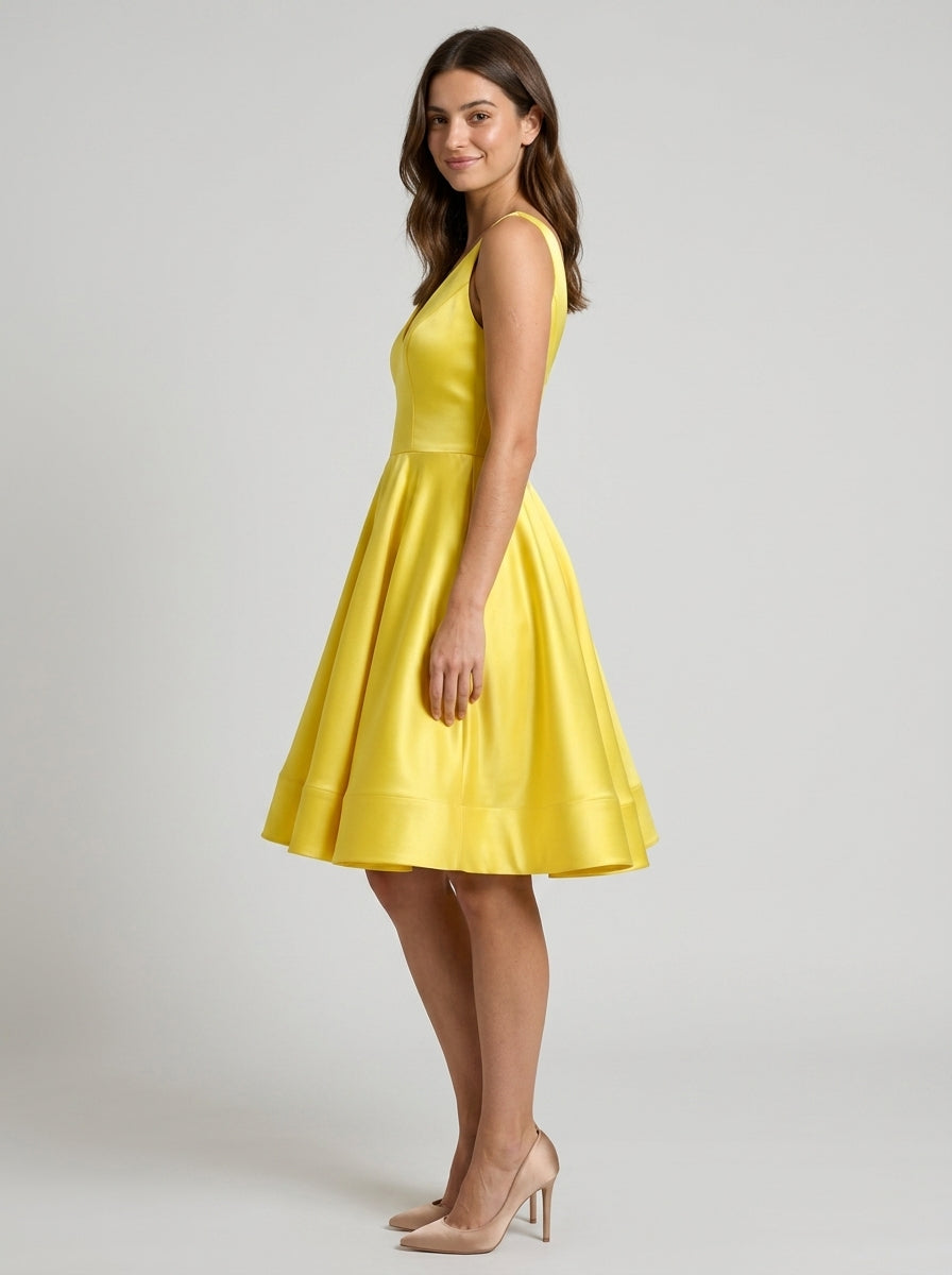 Elegant A-Line V-Neck Satin V-Back Yellow Knee-Length Homecoming Dress