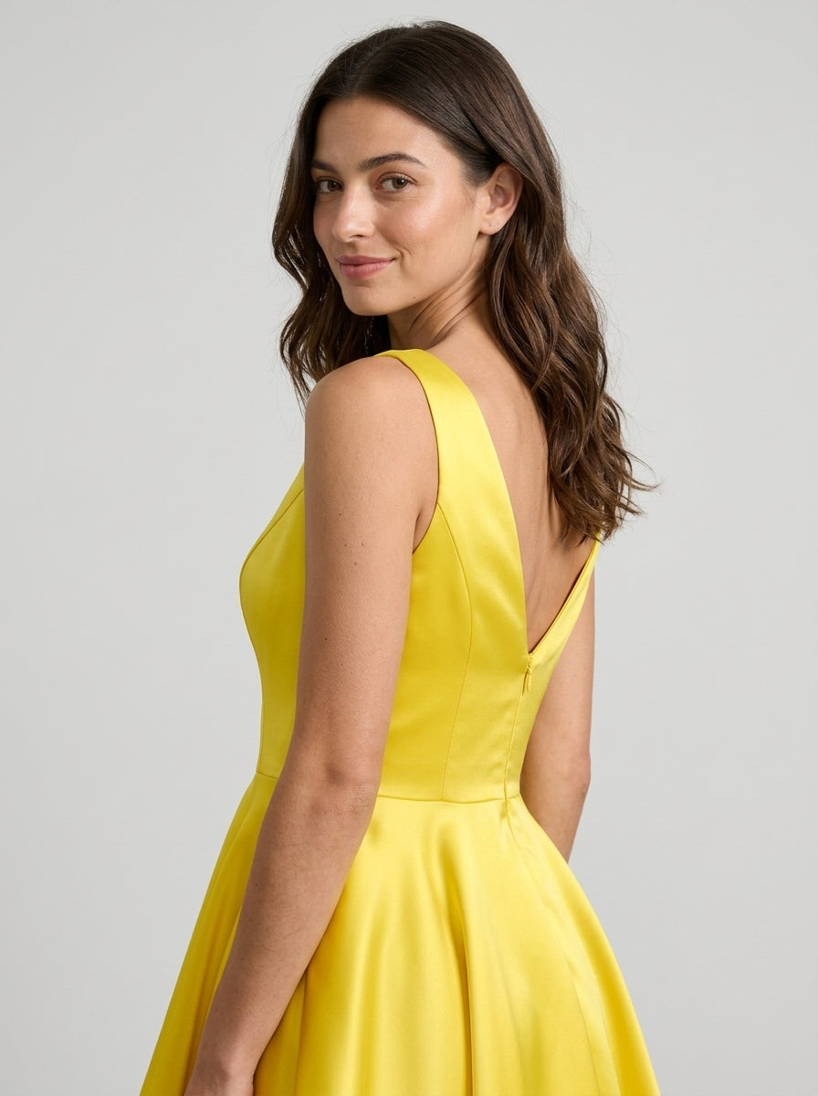 Elegant A-Line V-Neck Satin V-Back Yellow Knee-Length Homecoming Dress