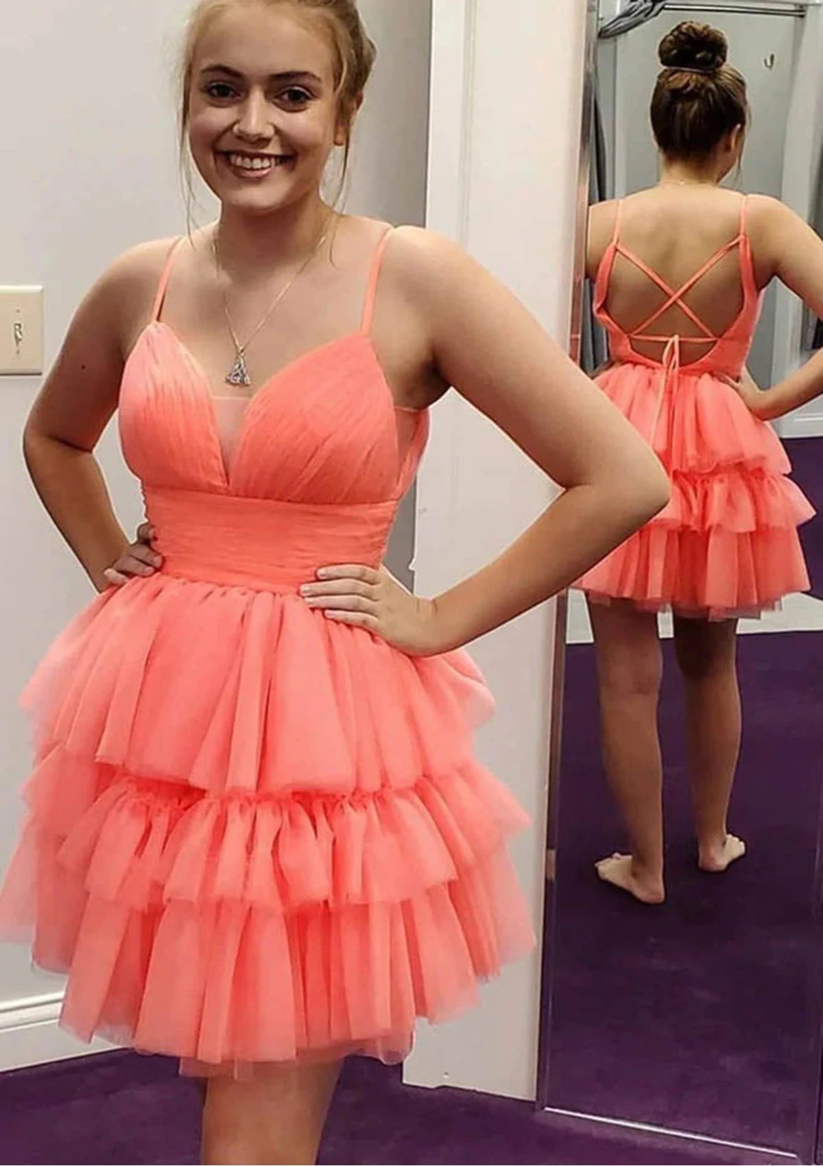 Vibrant A-Line V-Neck Spaghetti Strap Criss-Cross Back Short Tiered Tulle Homecoming Dresses