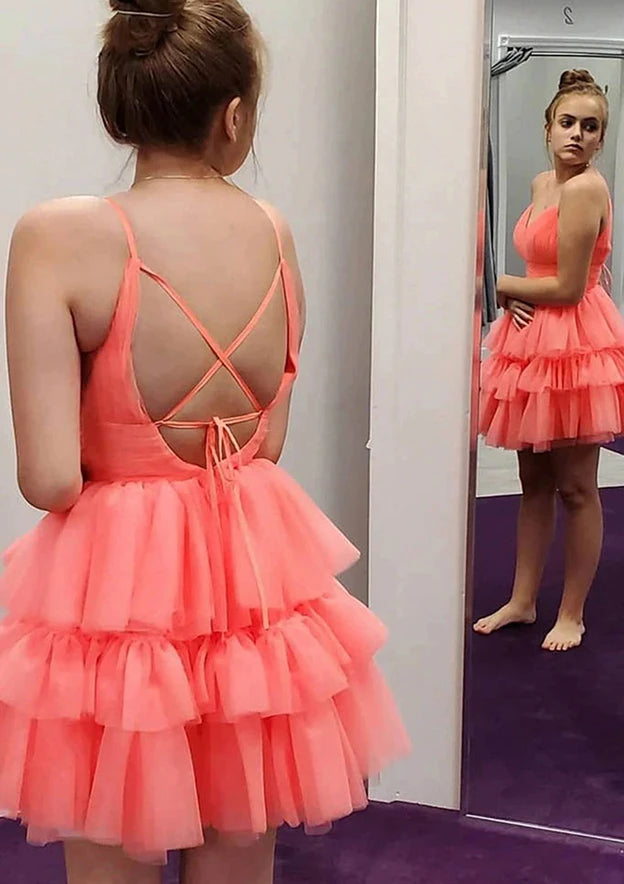 Vibrant A-Line V-Neck Spaghetti Strap Criss-Cross Back Short Tiered Tulle Homecoming Dresses