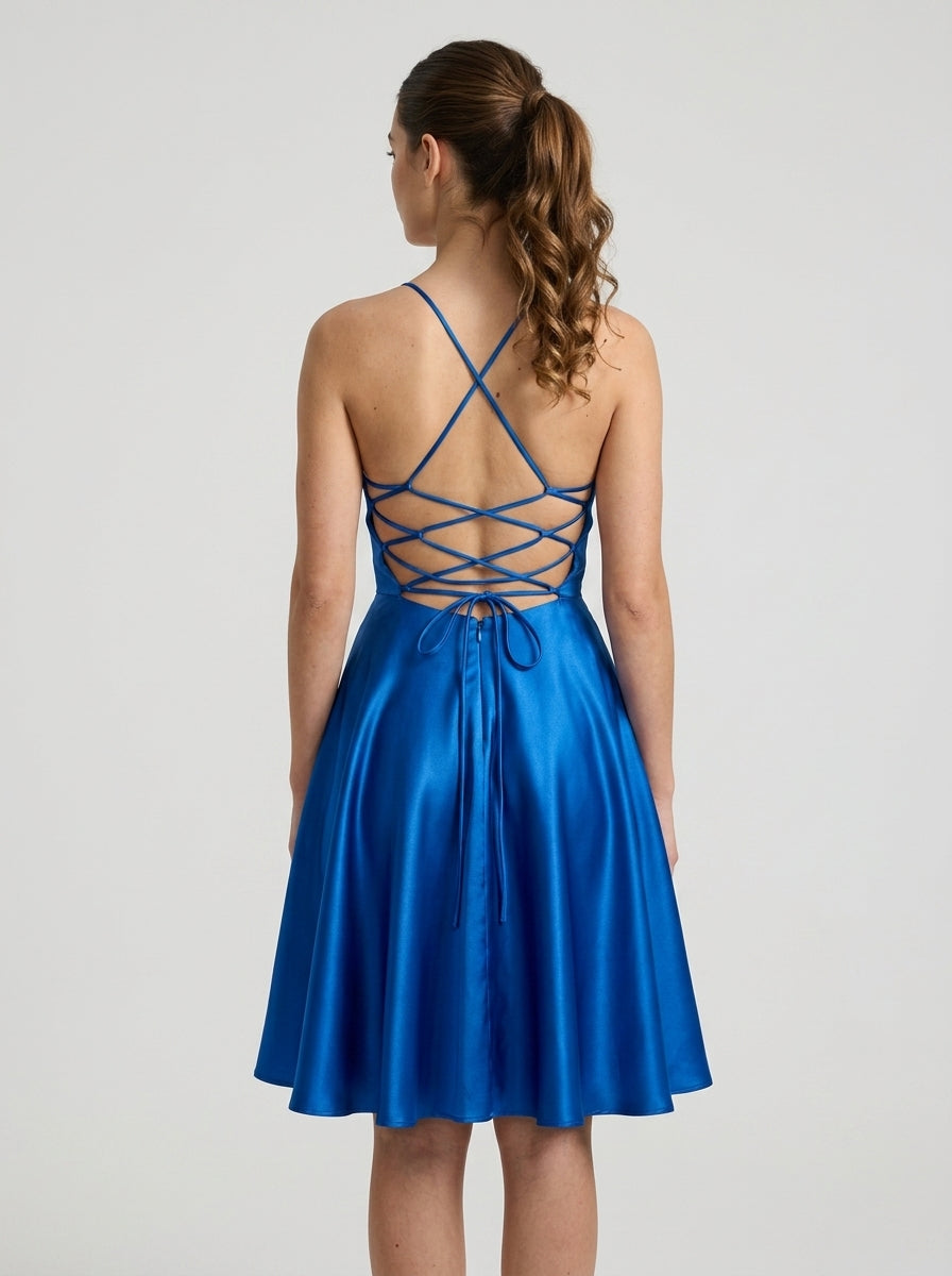 Elegant A-Line V-Neck Satin Criss-Cross Back Knee-Length Homecoming Dress