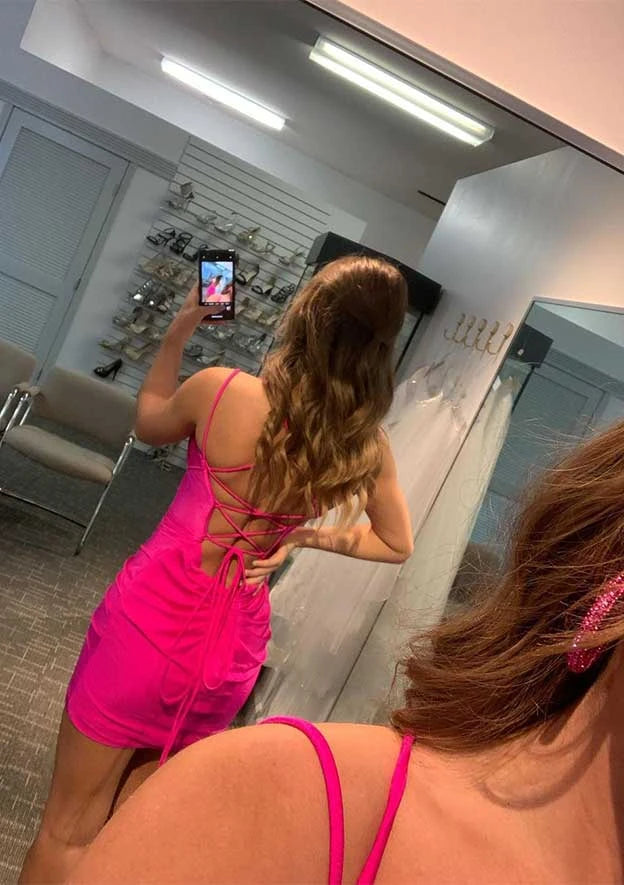 Vibrant Bodycon Deep V-Neck Spaghetti Strap Lace-Up Back Mini Homecoming Dress
