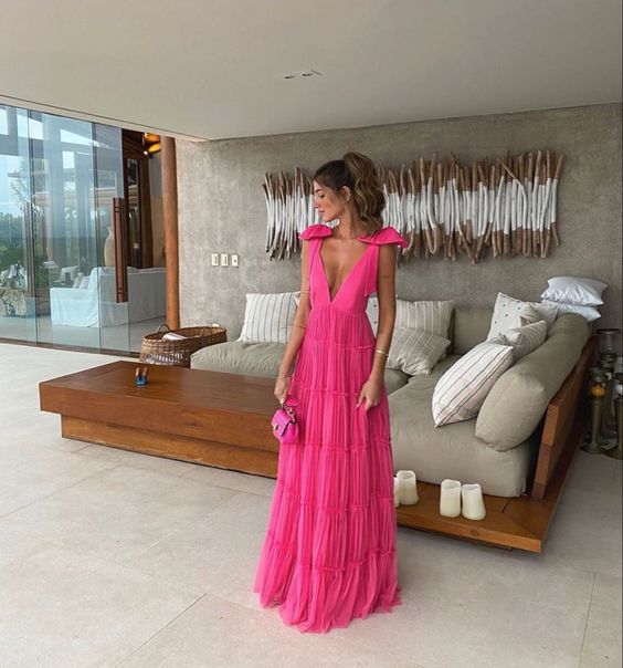 Vibrant Hot Pink Pleated Chiffon Tiered Ruffle Strap Open Back Floor-length Evening Dresses