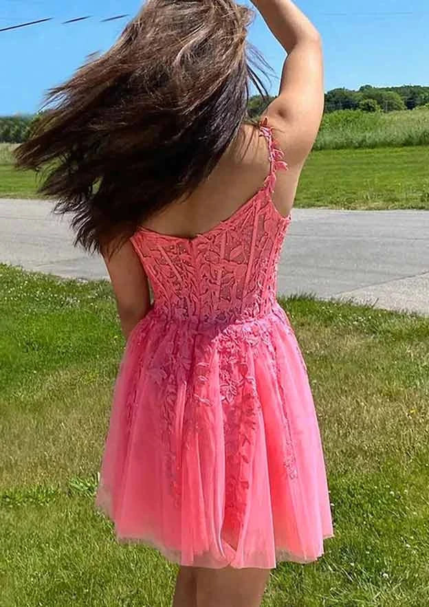 Vibrant Pink A-Line Sweetheart Sleeveless Open Back Short Floral Lace Applique Homecoming Dresses