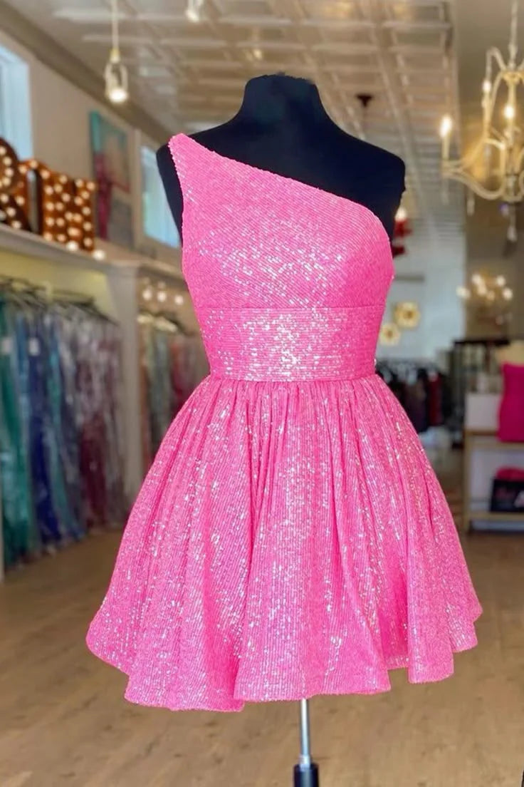 Vibrant Sparkling Sequin A-Line One-Shoulder Sleeveless Short Homecoming Dresses for Special Occasions