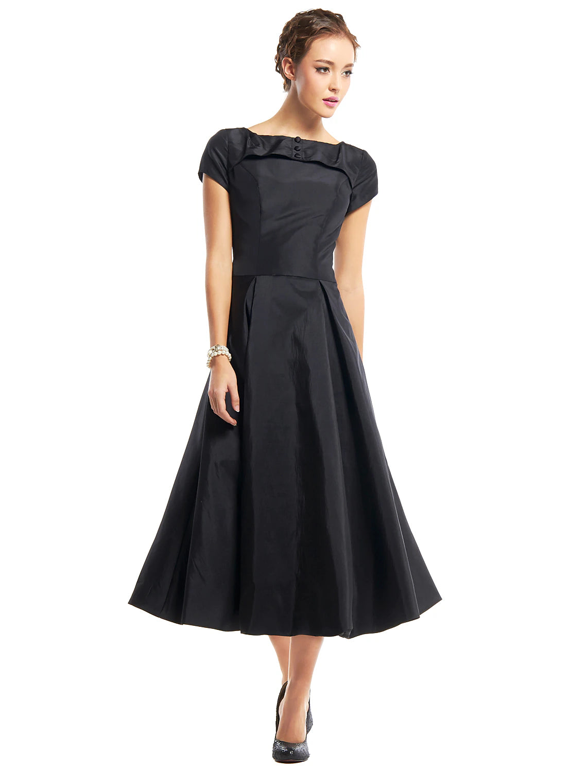 Vintage A-Line Boat Neck Short Sleeve Black Taffeta Tea Length Dress.