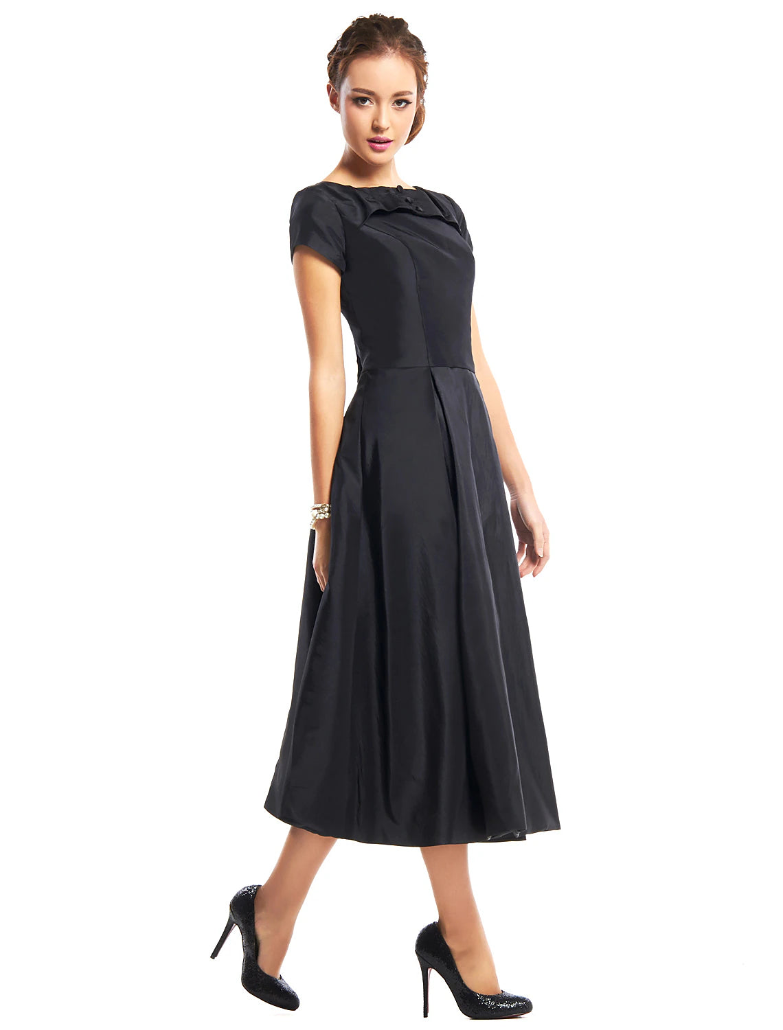 Vintage A-Line Boat Neck Short Sleeve Black Taffeta Tea Length Dress.