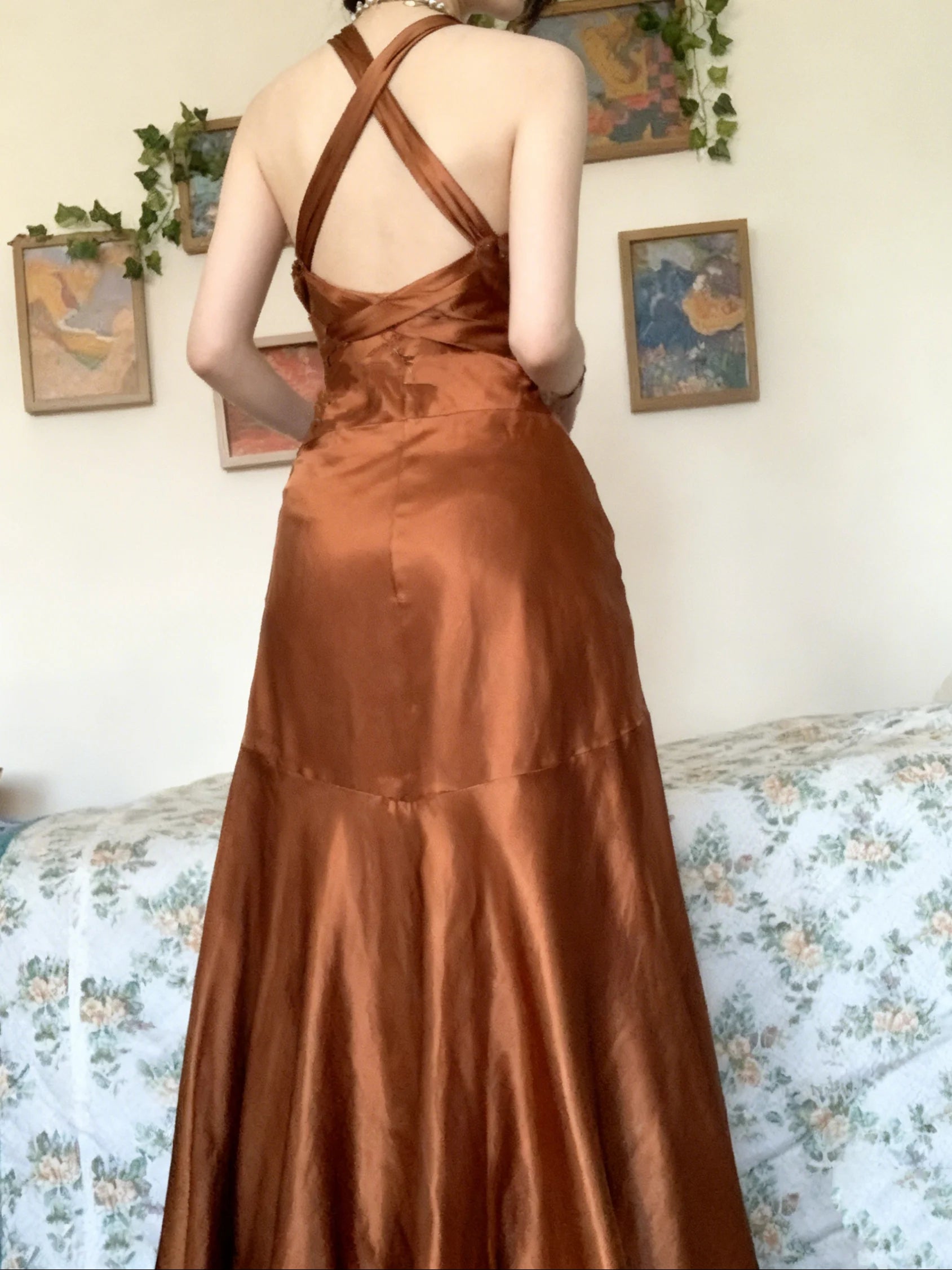 Vintage copper satin prom dress with beaded bust detail, crisscross back straps, and A-line skirt