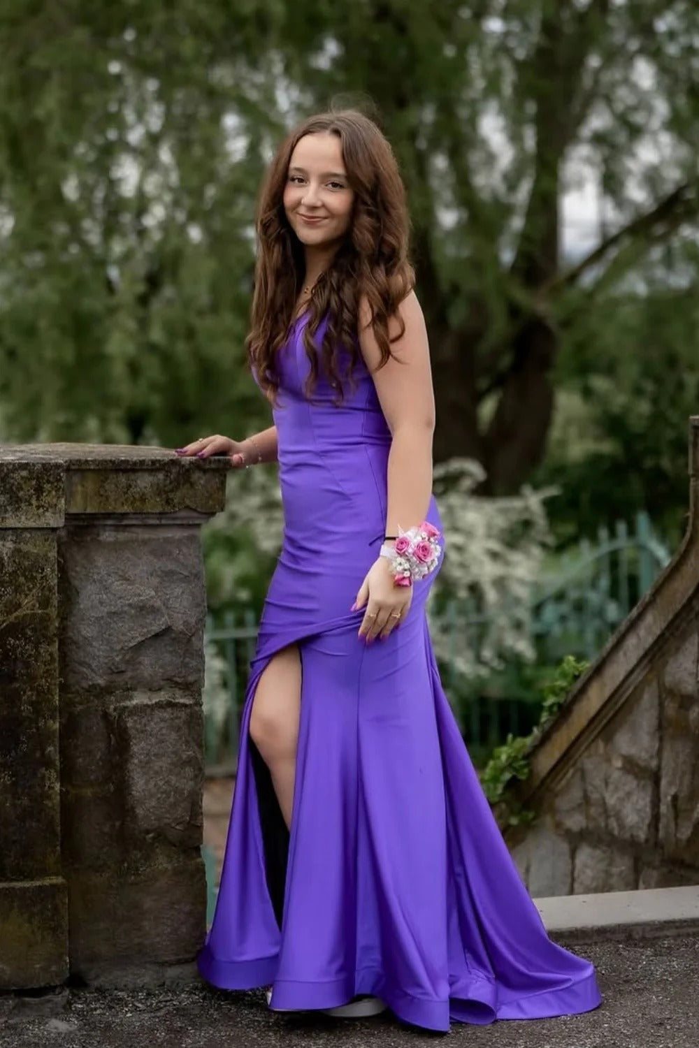 Violet Spaghetti Strap Mermaid High Slit Maxi Dress – Prom Bridesmaid Gown