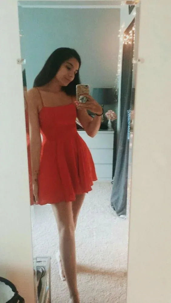 Vivid A-Line Square-Neck Thin-Spaghetti-Strap Flow-Chiffon Mini Homecoming Dress