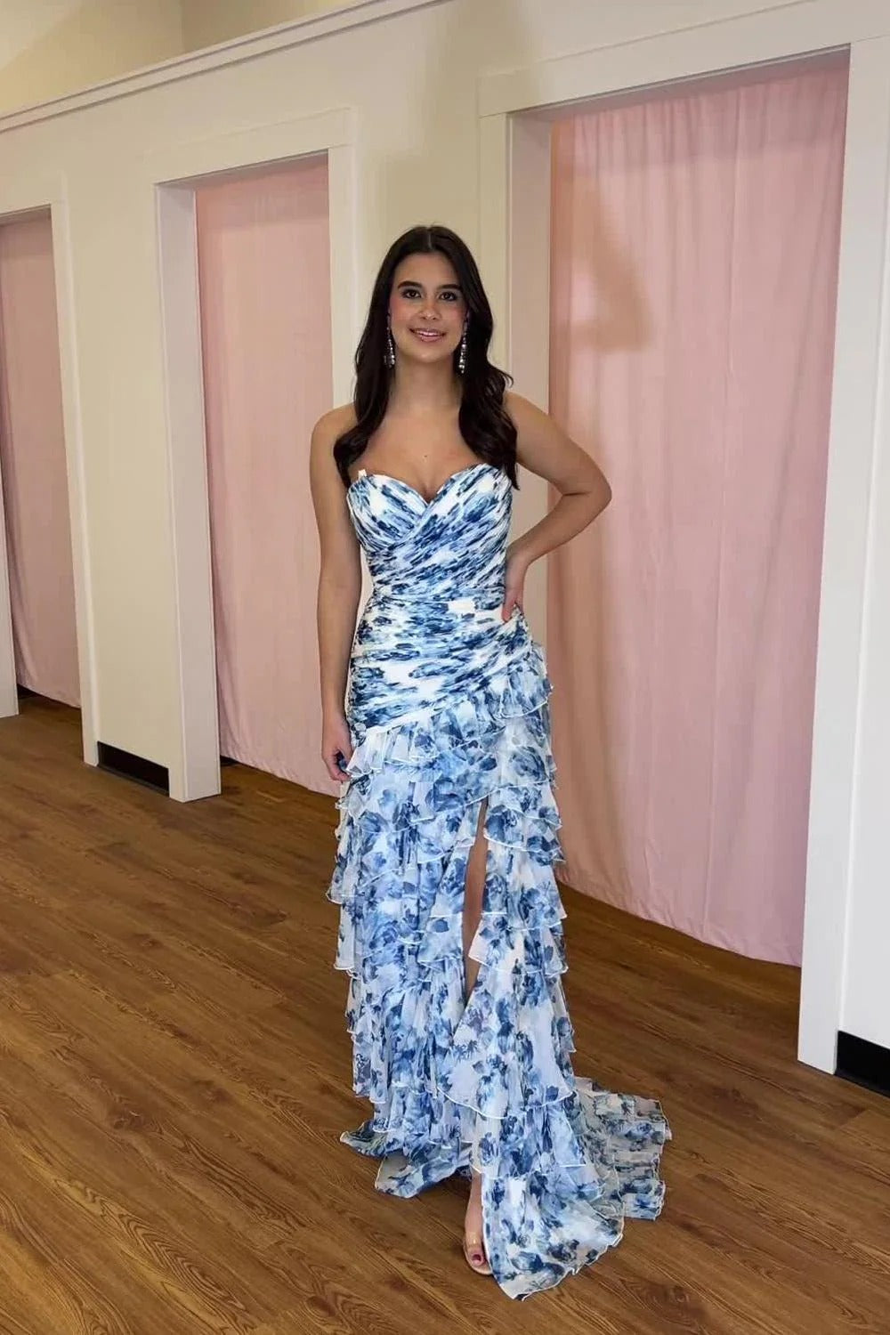 Watercolor Print Ruffle Gown Bundle – Blue & Pink Watercolor Prom Dresses with Slit