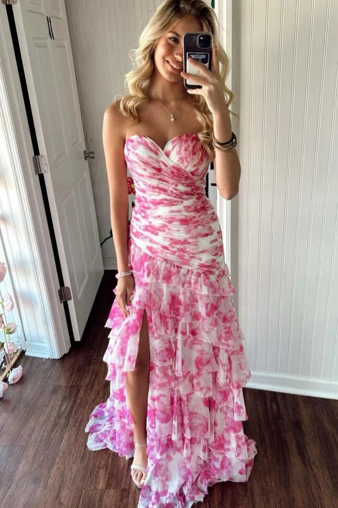 Watercolor Print Ruffle Gown Bundle – Blue & Pink Watercolor Prom Dresses with Slit