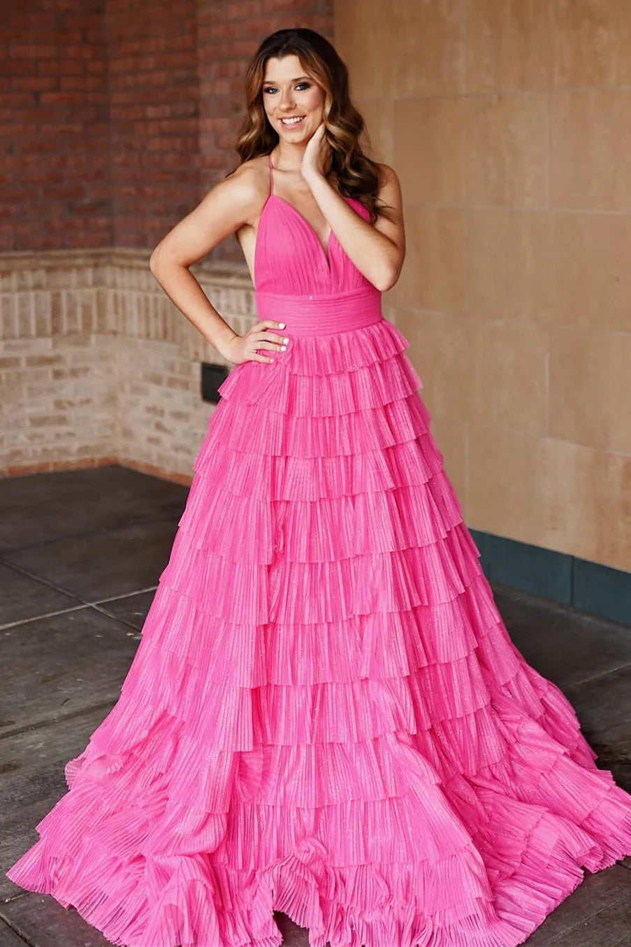 Whimsical A-Line Halter-Neck Tiered Pleated Floor-Length Prom Dress